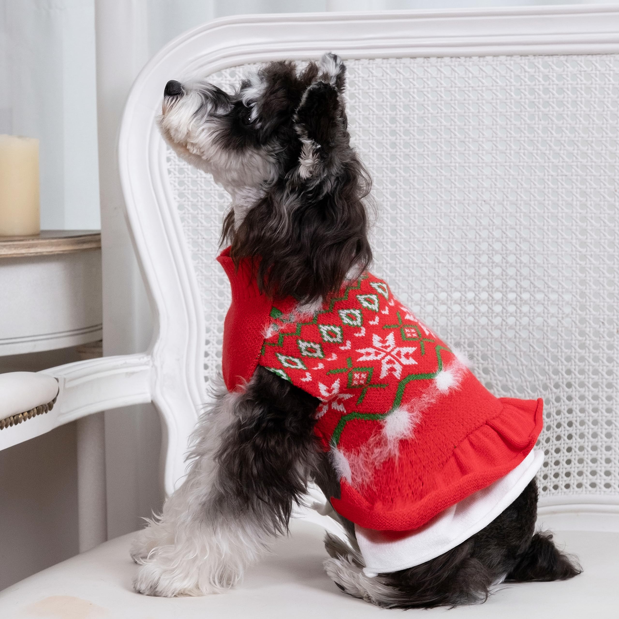 Cutebone Fancy Christmas Dog Sweater Dress, Soft And Stretchy Dog Clothes For Small Dogs Girl, Christmas Snowflake Red Puppy Swe
