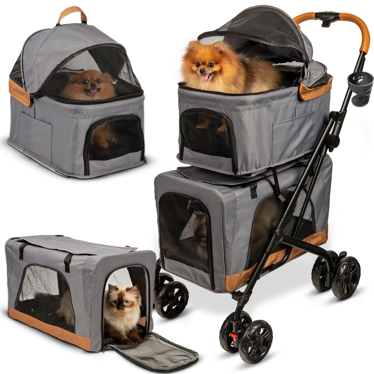 dog stroller detachable carrier PAWLALA Double Pet Stroller - Detachable Carriers for 2 Dogs/Cats - Compact Design