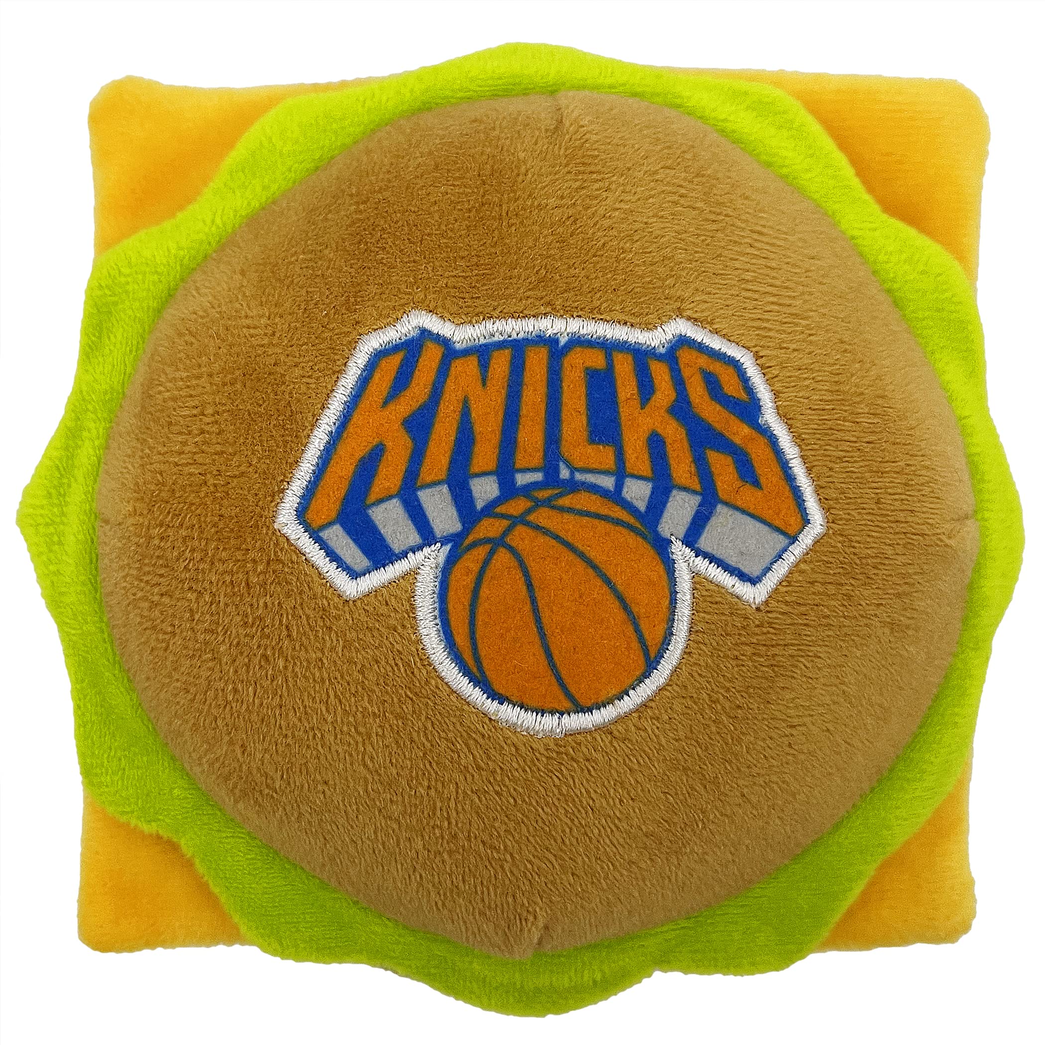 Pets First Nba New York Knicks Cheese Burger Plush Dog & Cat Squeak Toy - Cutest Stadium Hamberger Snack Plush Toy For Dogs & Ca