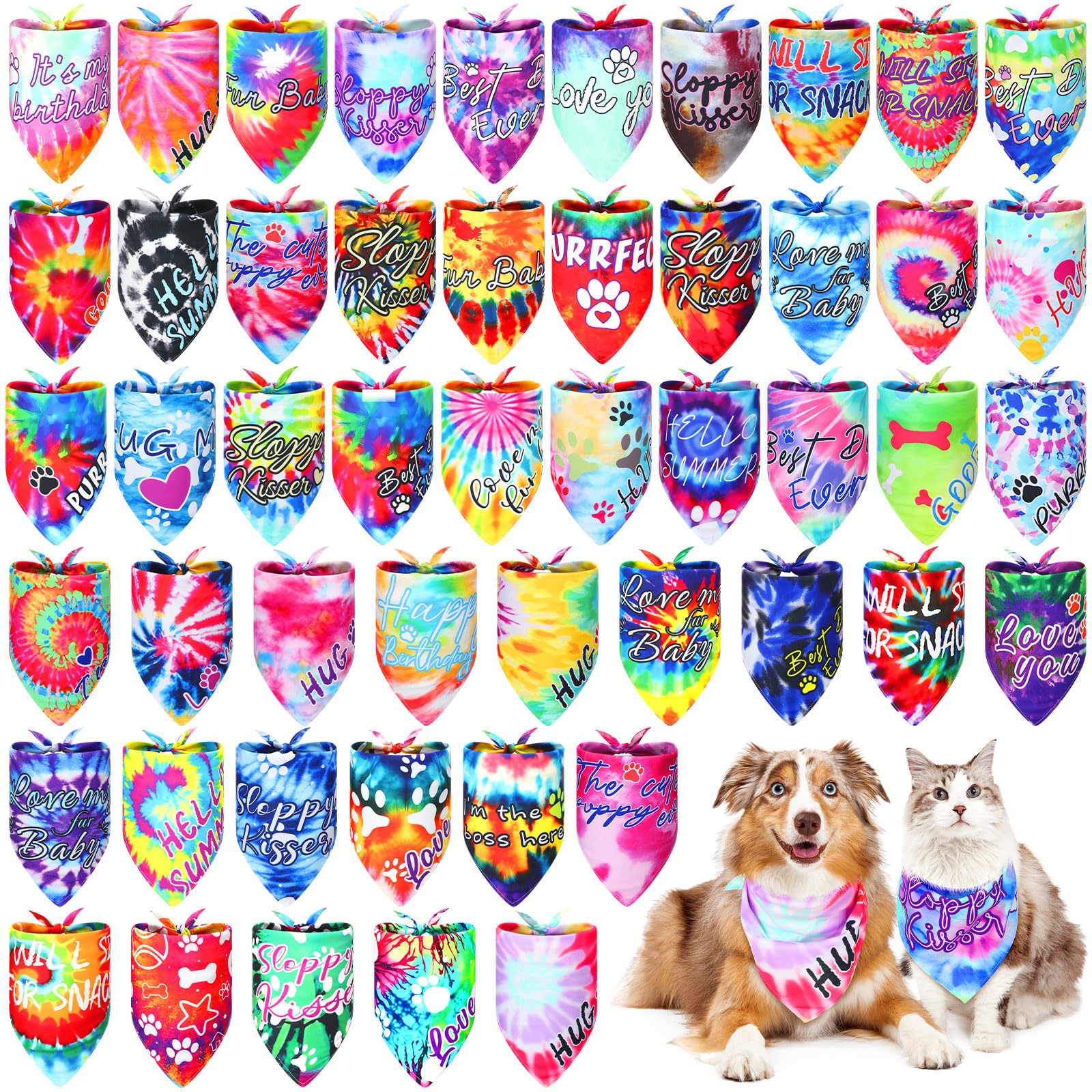 Huhumy 50 Pcs Dog Bandanas Bulk Pet Bibs Colorful Triangle Scarf Pet Bandanas For Medium Large Dogs Spring Summer Birthday Costu