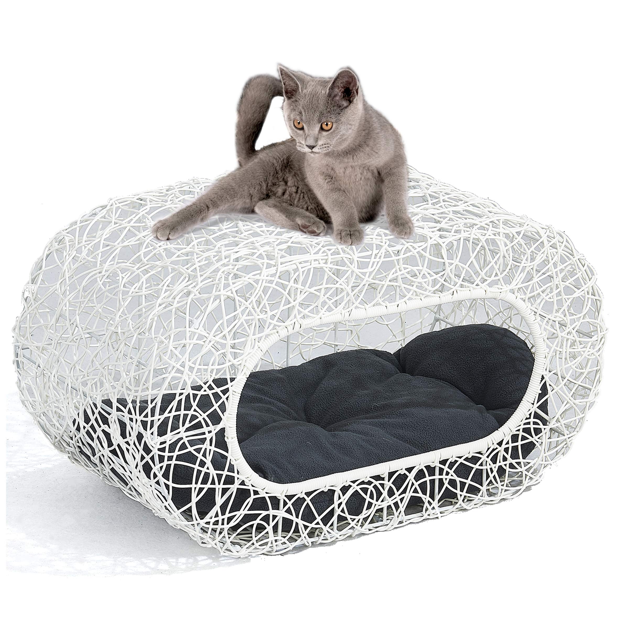 D+Garden Fun Stackable White Cat Condo For Indoor Cats - Interactive Play Rattan Modern Cat House For Indoor Cats Kitty, Pet Fri