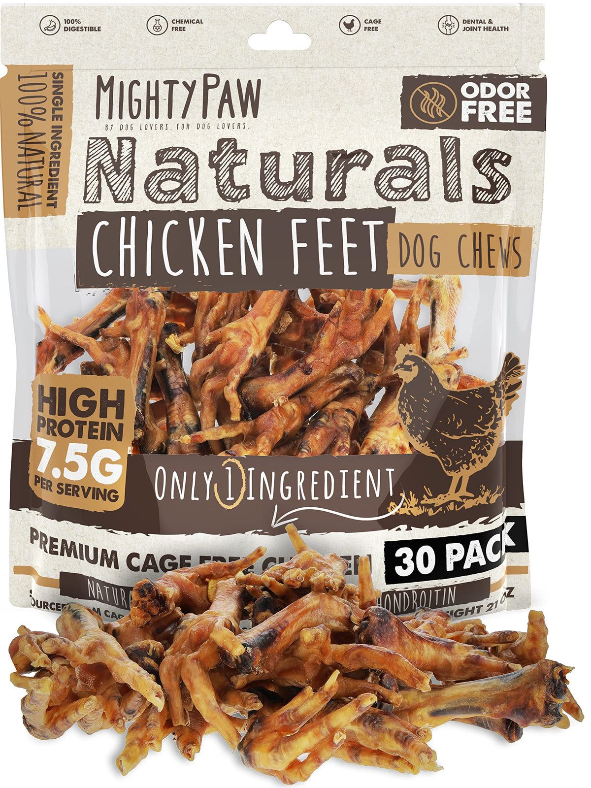 Mighty Paw Naturals Chicken Feet Dog Treats (30 Pack) | 100% Natural Dehydrated Chicken Feet For Dogs. Dried Treat For Pets. Single Ingredient Chews