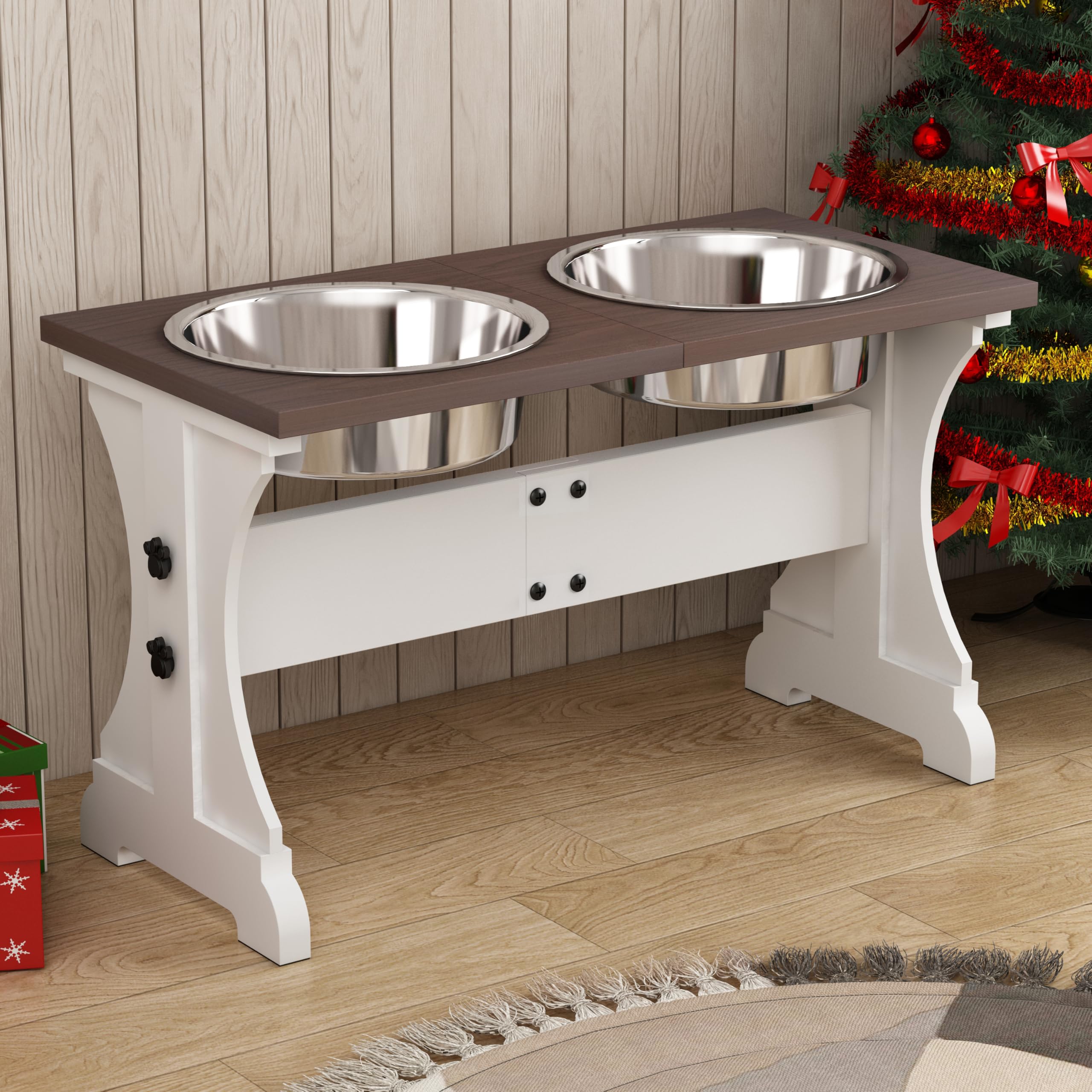 Piskyet Elevated Dog Bowls,Farmhouse Dog Bowls Stand, Raised Dog Bowl With 2 Stainless Steel Wooden Dog Bowls 12 Cups 15.7'H 90
