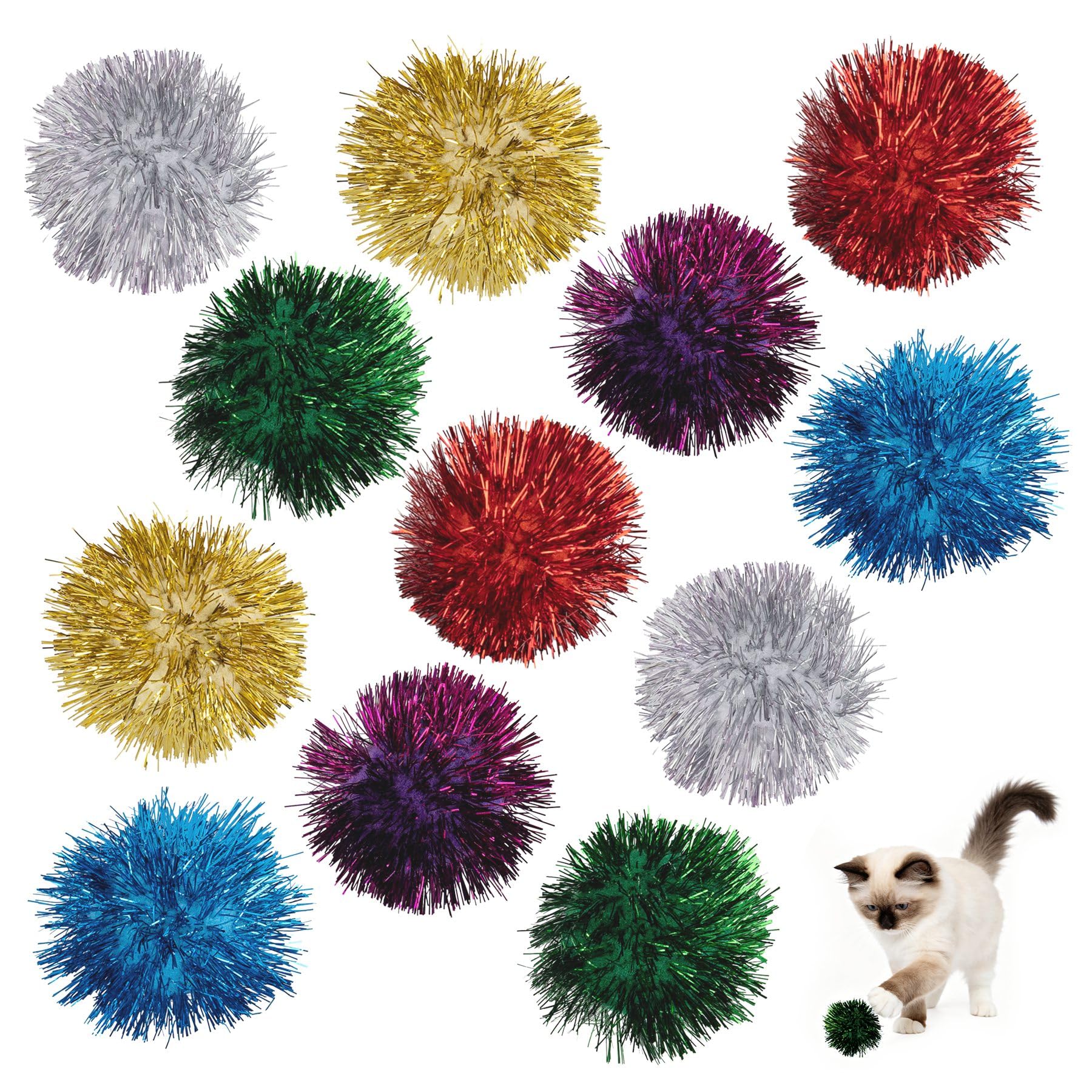AUEAR, 12 Pack 2 Inch Sparkle Ball Shiny Glitter Tinsel Pom Poms Interactive Cat Balls for Kittens (6 Colors)