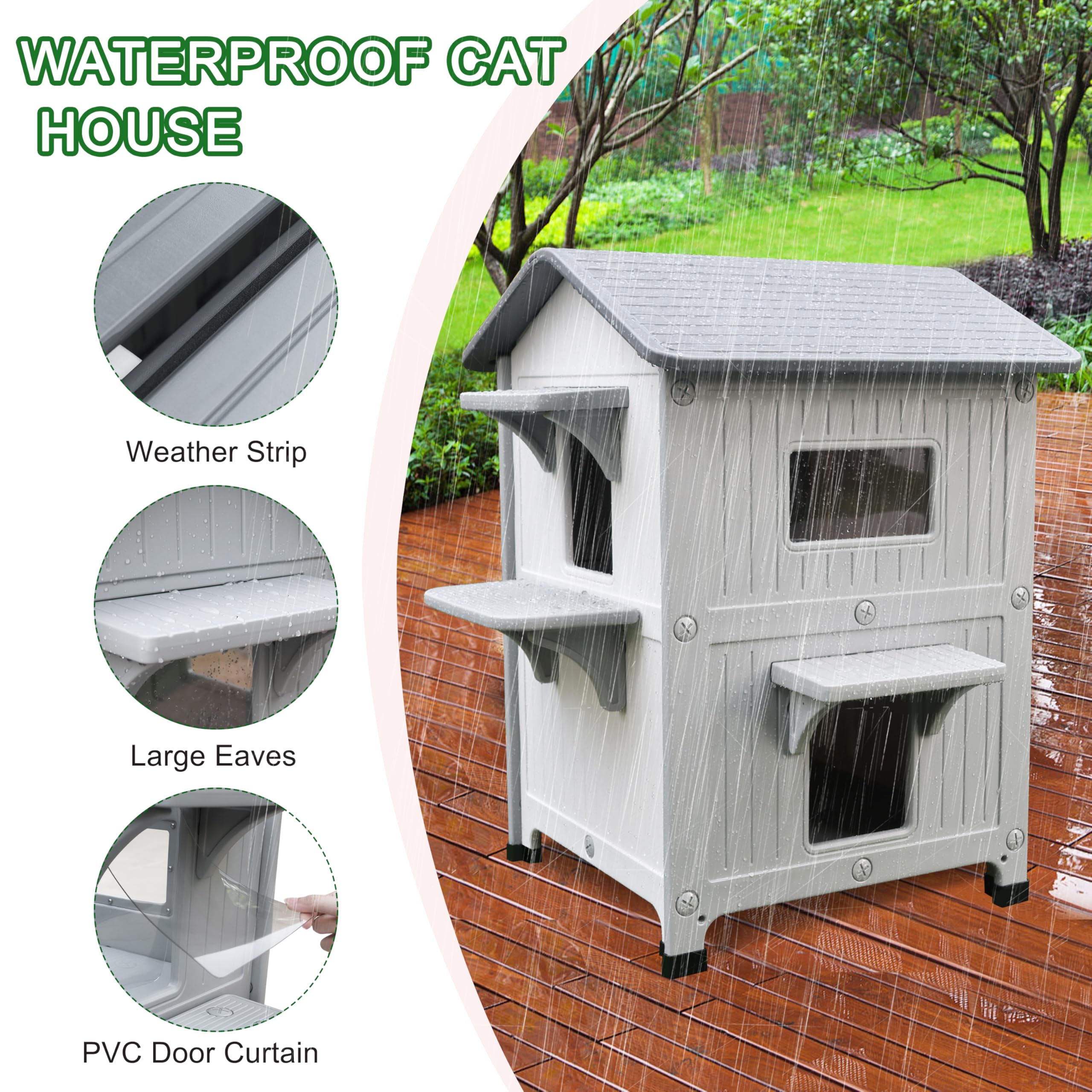 Rockever Luxury Plastic Outdoor Indoor Cat House With Escape Door, Waterproof 2 Story Outdoor Houses For Feral Cats Outside Cat