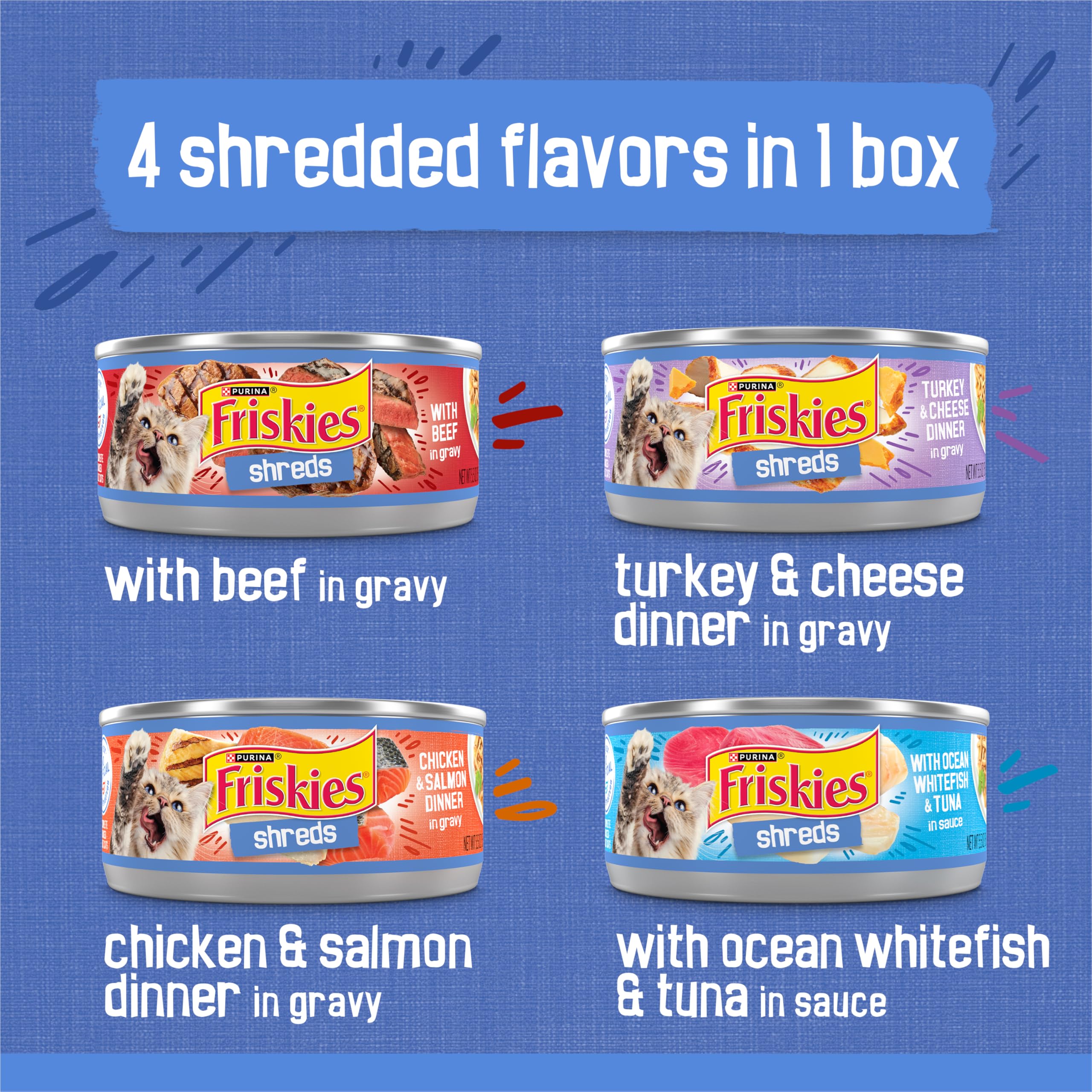 Purina Friskies Wet Cat Food Variety Pack, Shreds Beef, Turkey, Whitefish, and Chicken & Salmon - (Pack of 40) 5.5 oz. Cans
