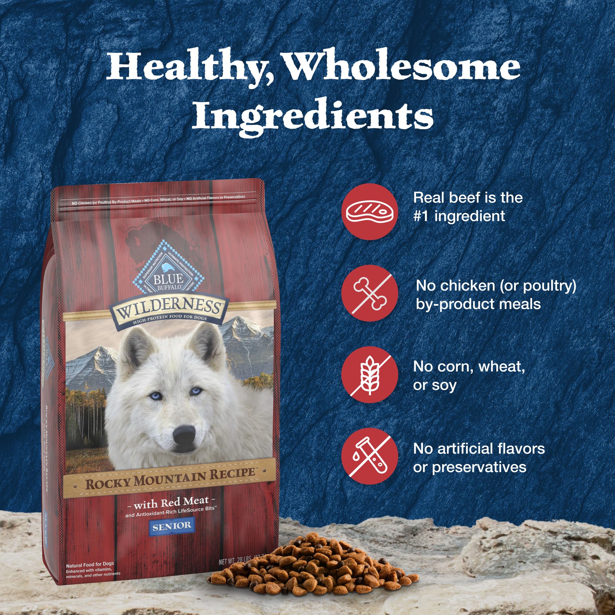 Blue Buffalo Wilderness Rocky Mountain Recipe High-Protein Senior Dry Dog Food, Made in The USA with Natural Ingredients Plus Wh