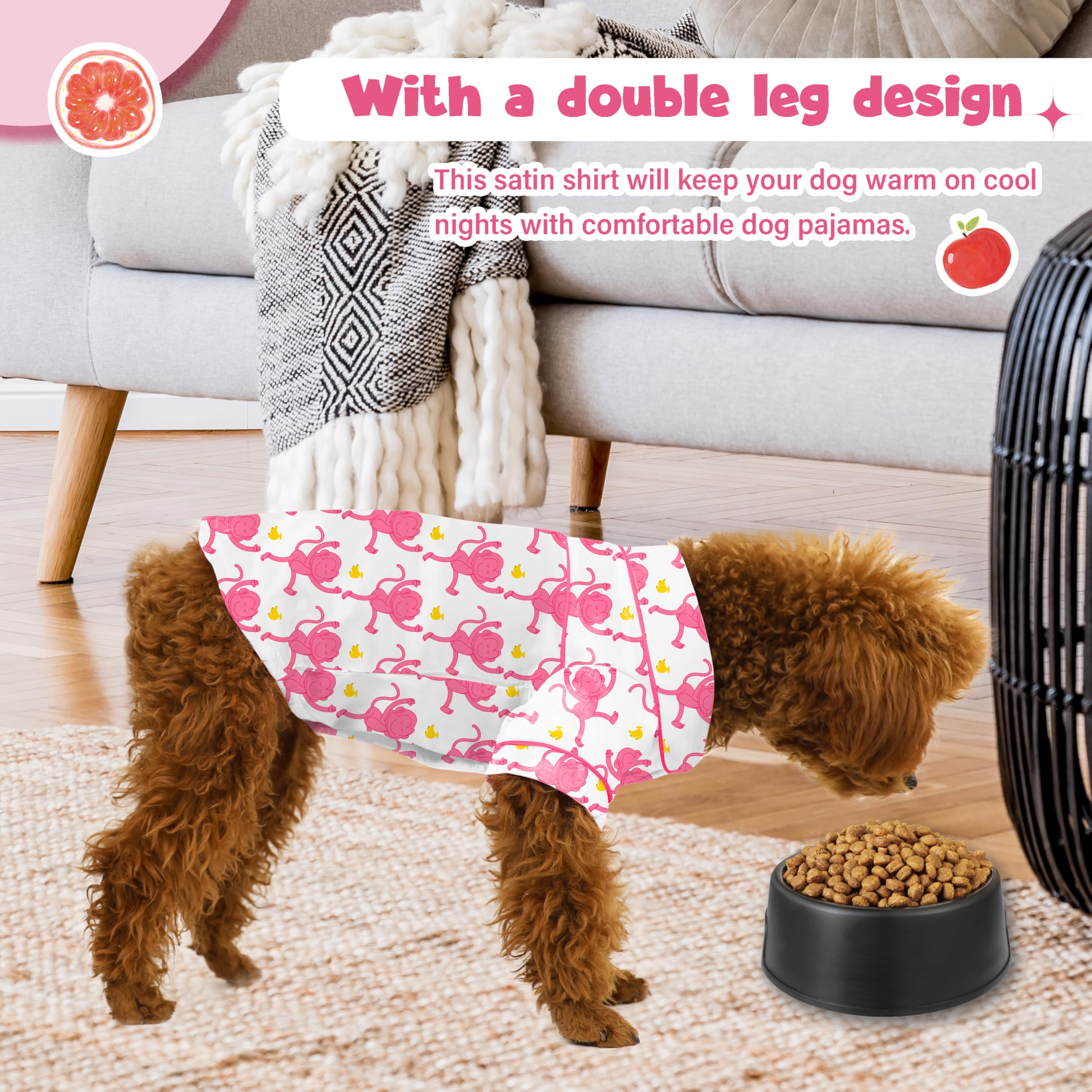 Dog Silk Pajamas Dog Shirts For Small Dogs Satin Pjs Two-Legged Puppy Clothes Lapel Sleepwear Cat Outfit (Pink Monkey, L)