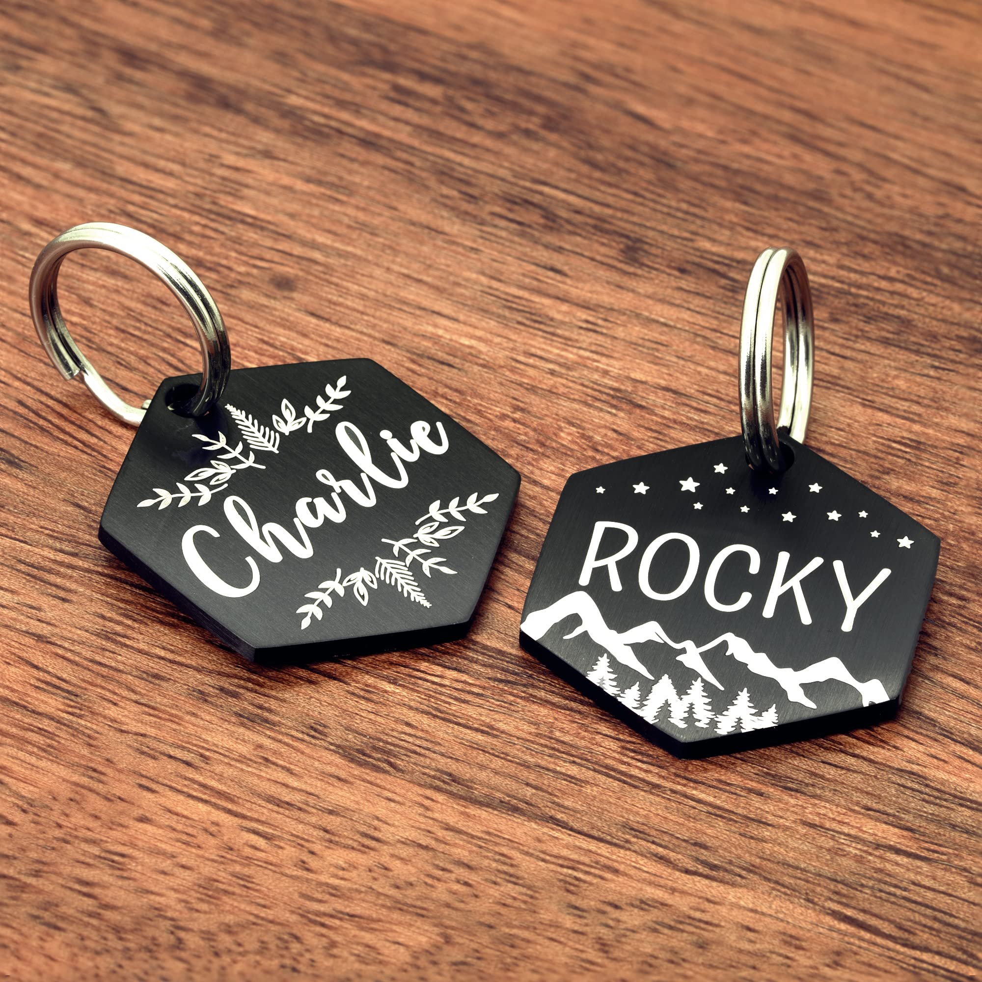 Ultra Joys Stainless Steel Pet Id Tag Dog Name Tags Personalized Front And Back Engraving, Customized Dog Tags And Cat Tags, Optional Engraved On Both Sides, Hexagon Tag With Vine Design, Large
