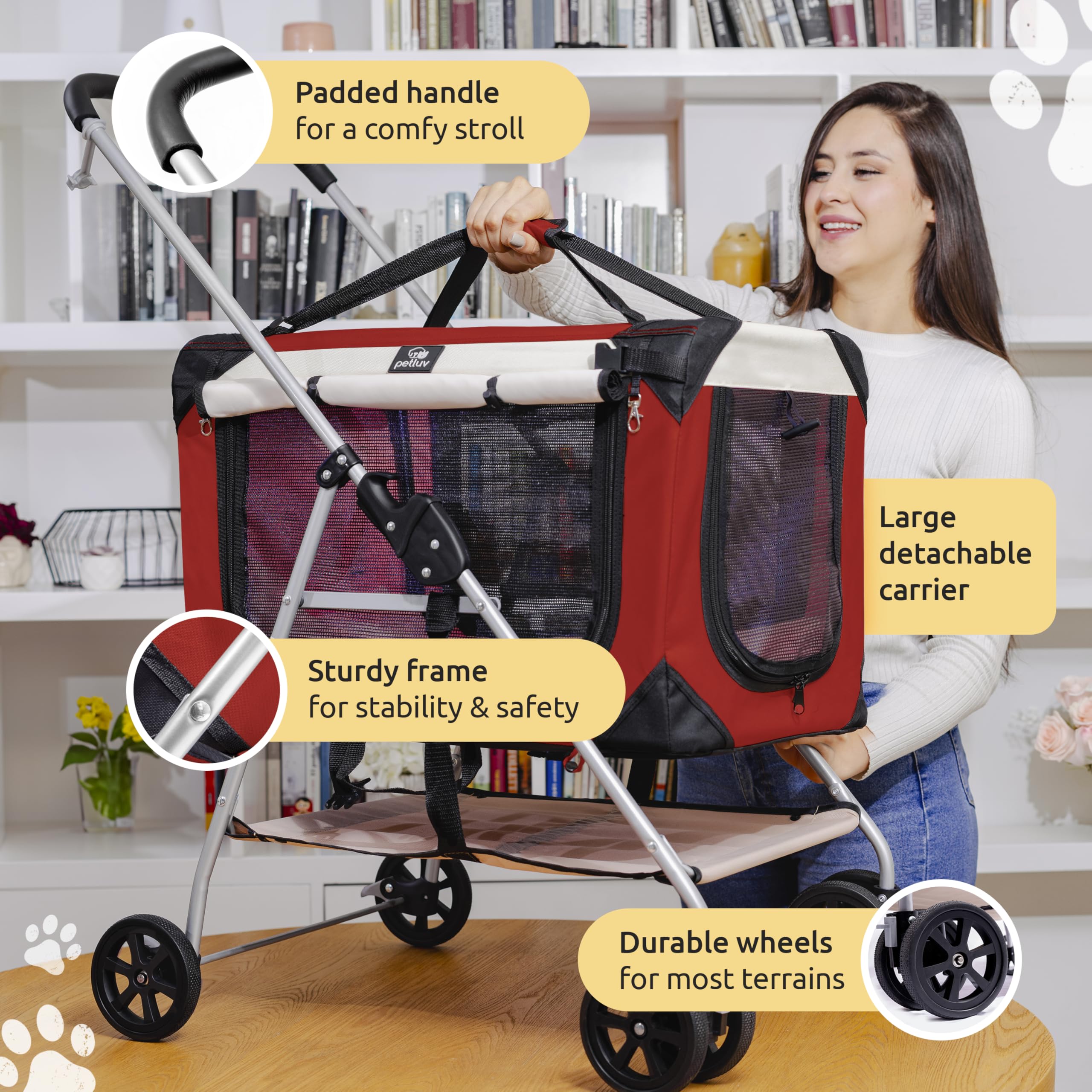 Petluv Pet Stroller, Fits 2 Cats, Small To Medium Dogs (10-45 Lbs), Red