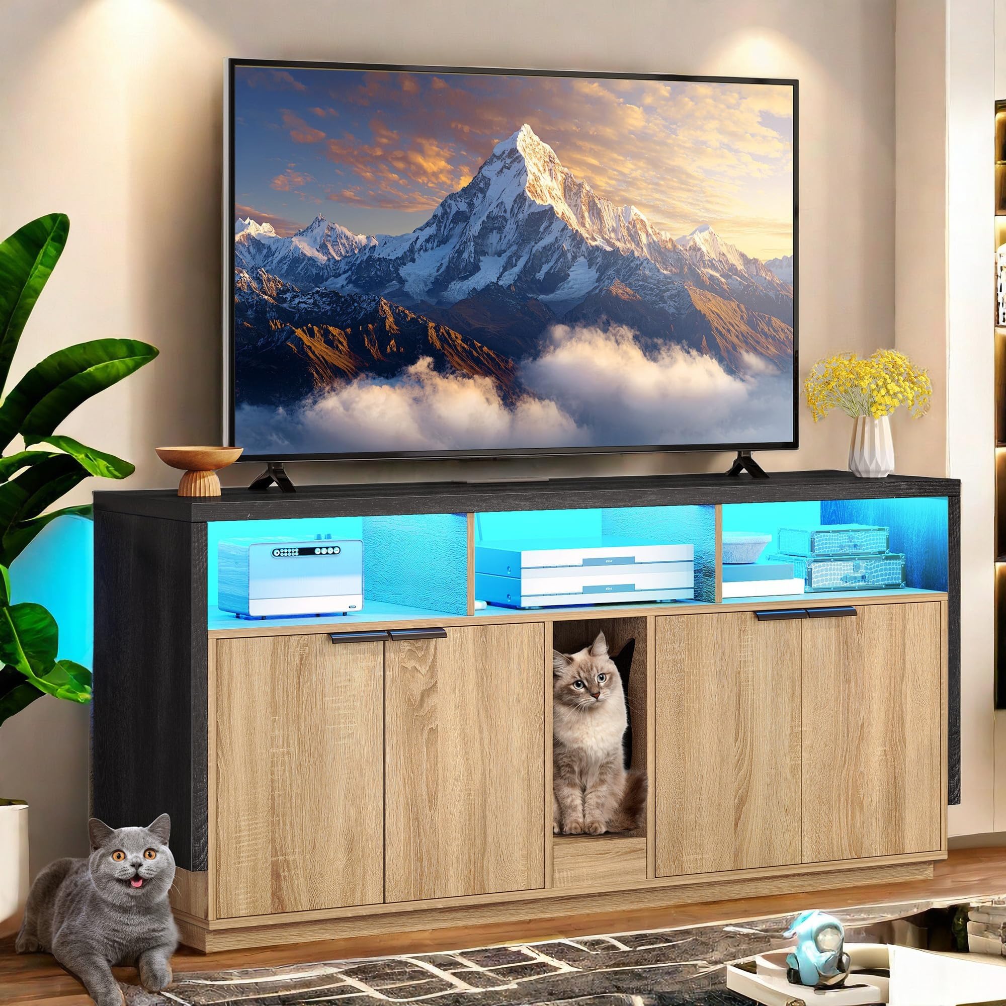 Yitahome Double Hidden Cat Litter Box Enclosure With Power Outlet & Led Light, 60 Inch Dual Kitty Litter Box Tv Stand Furniture