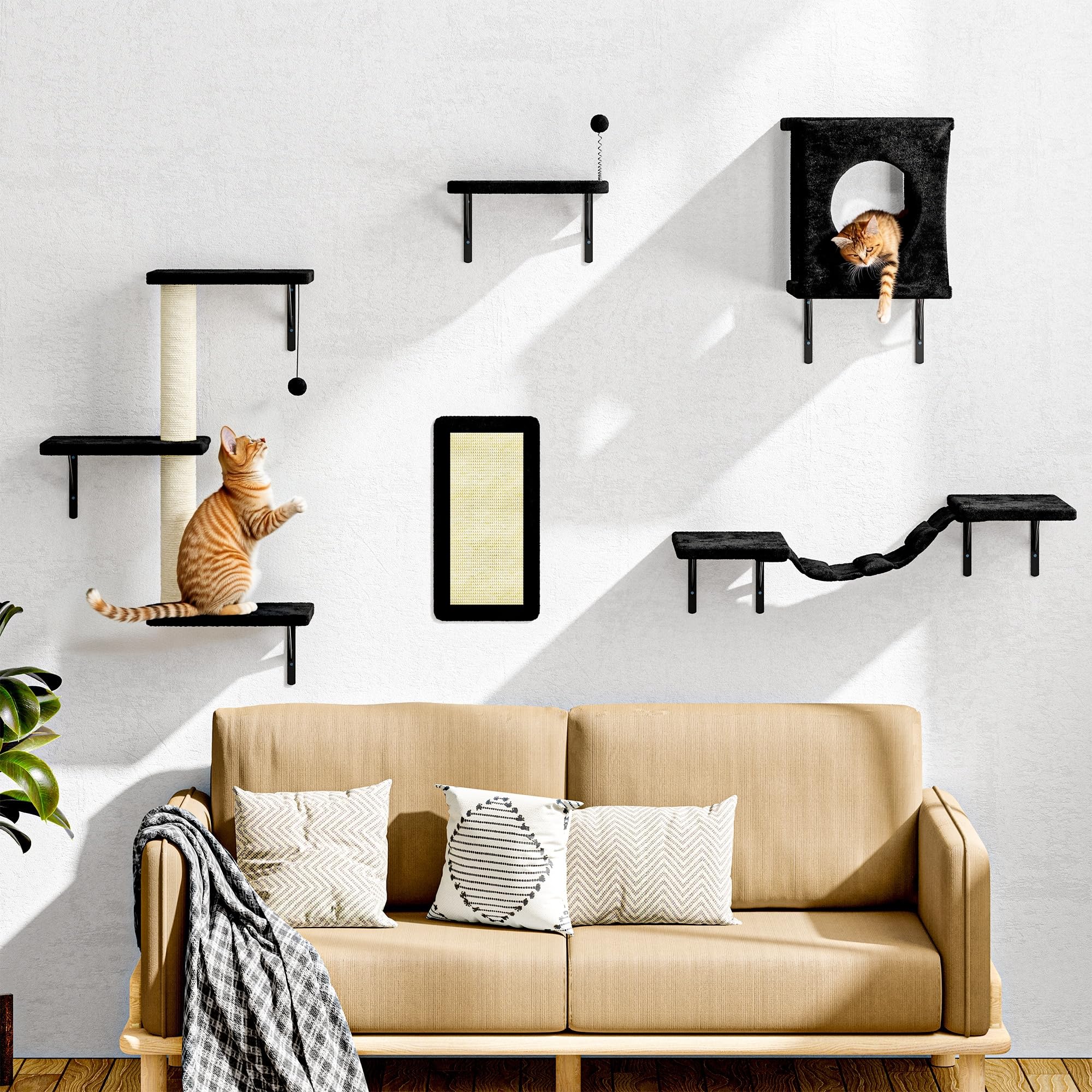 Nunu Lab Cat Wall Shelves Set, 5 Pcs Wall-Mounted Cat Climber With Cat House, Bridge, Scratching Post, Hammock, Wall Shelves, Bl