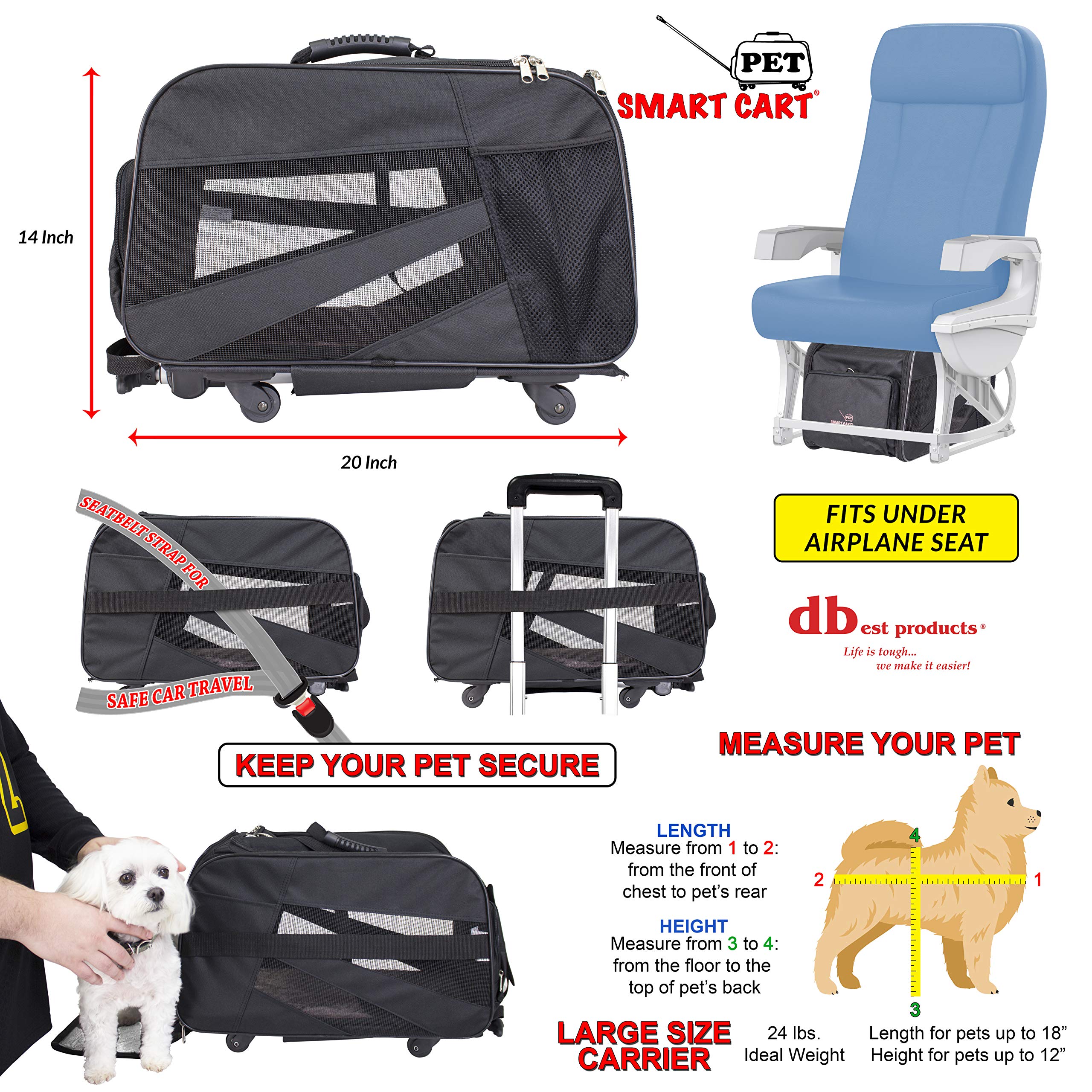 dbest products Smart Cart Pet Carrier with Wheels, Airline Approved Dog and Cat Carrier with Telescoping Handle, 21x12x12in, 24