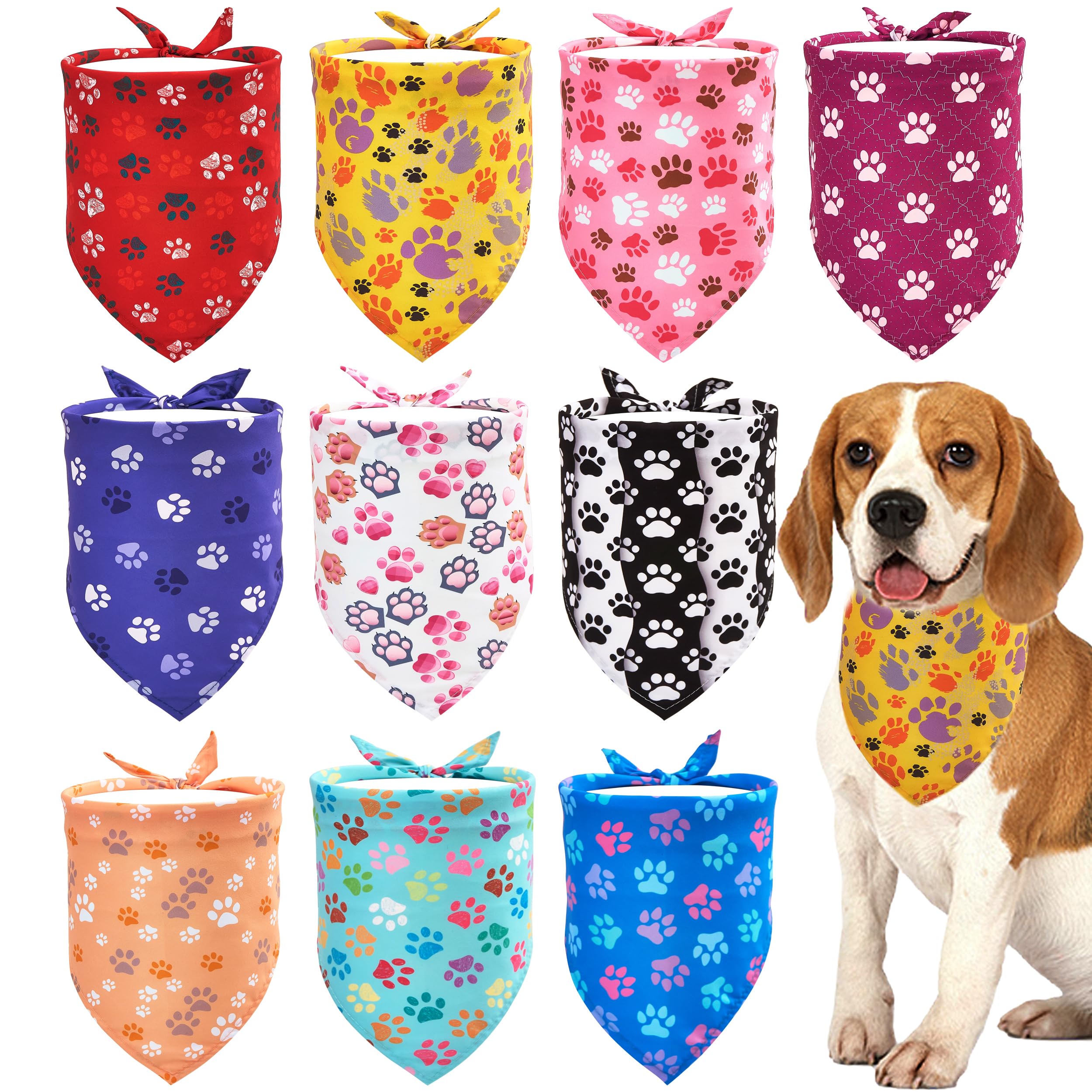 JpGdn 10PCS Dog Bandanas Small Medium with Paw Print Red Blue Yellow Pink Purple White Black Green Scarves for Boys and Girls Gr
