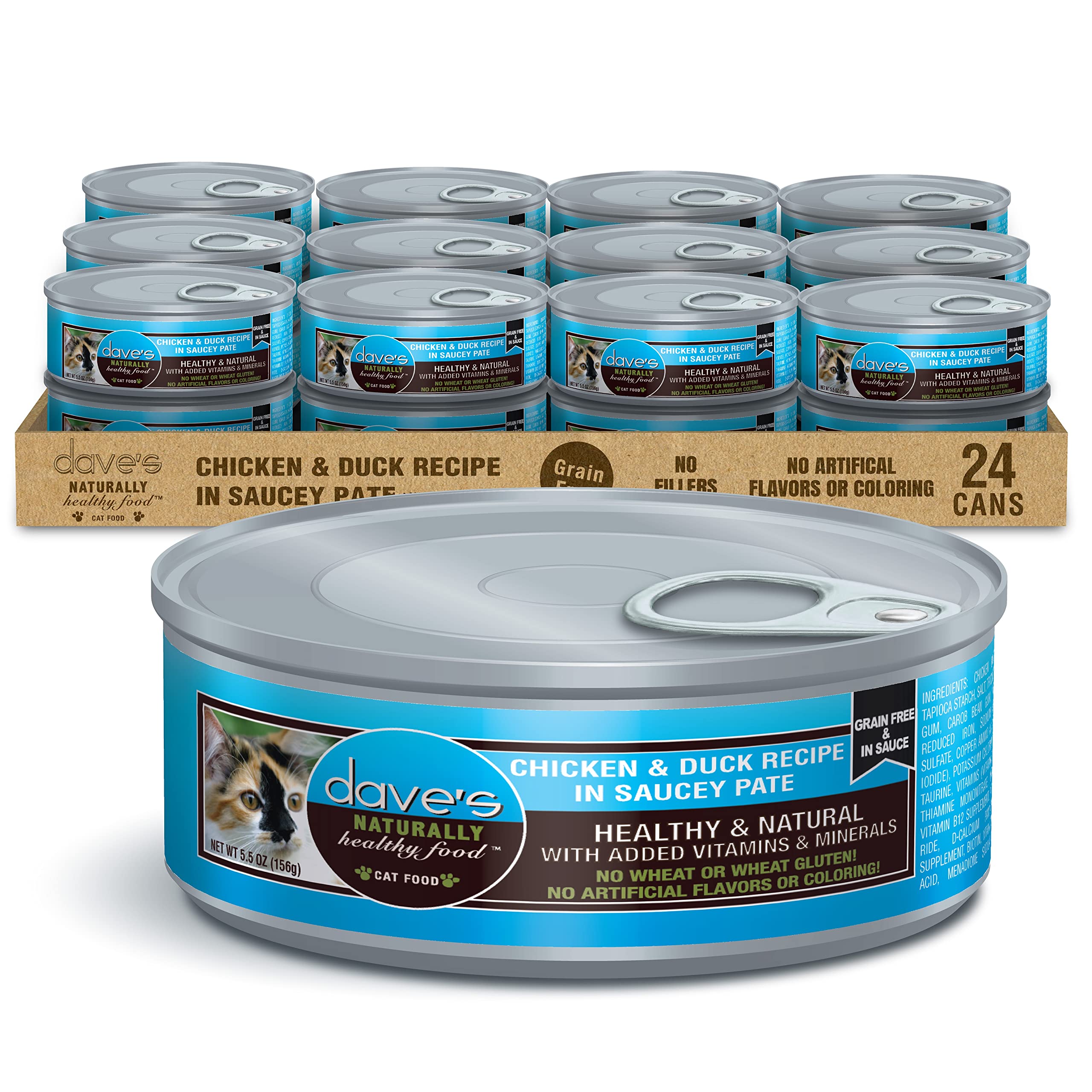 Daves Pet Food Grain Free Wet Cat Food (Chicken & Duck Saucey Pate), Naturally Healthy Canned, Added Vitamins & Minerals, Wheat