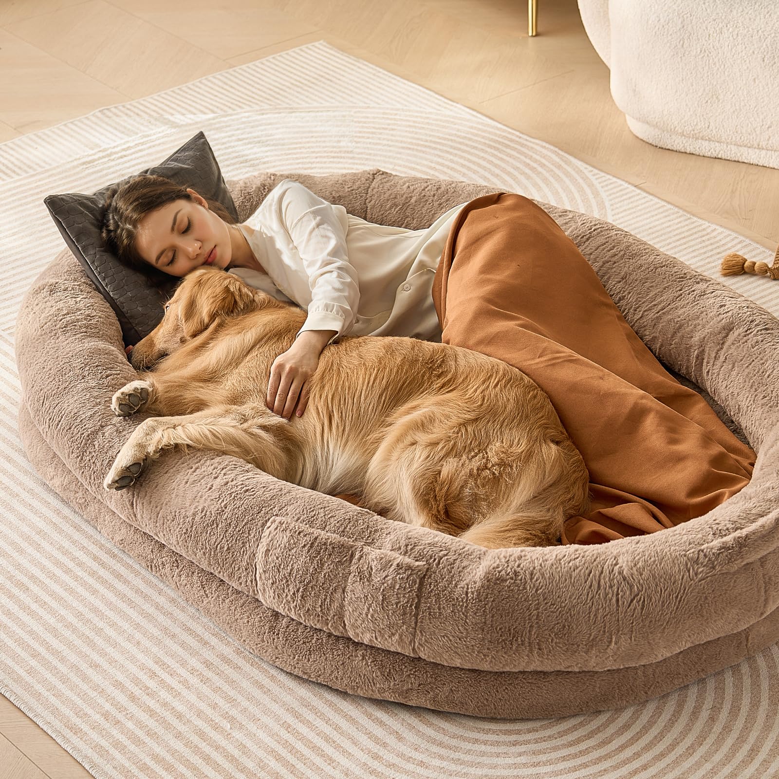 Vevor Human Dog Bed, 72'X48'X10' Human Dog Bed For Adult, Human Size Dog Bed With Washable Faux Rabbit Fur Cover, Egg Orthopedic Foam, Storage Pocket, Large Dog Bean Bed, Brown
