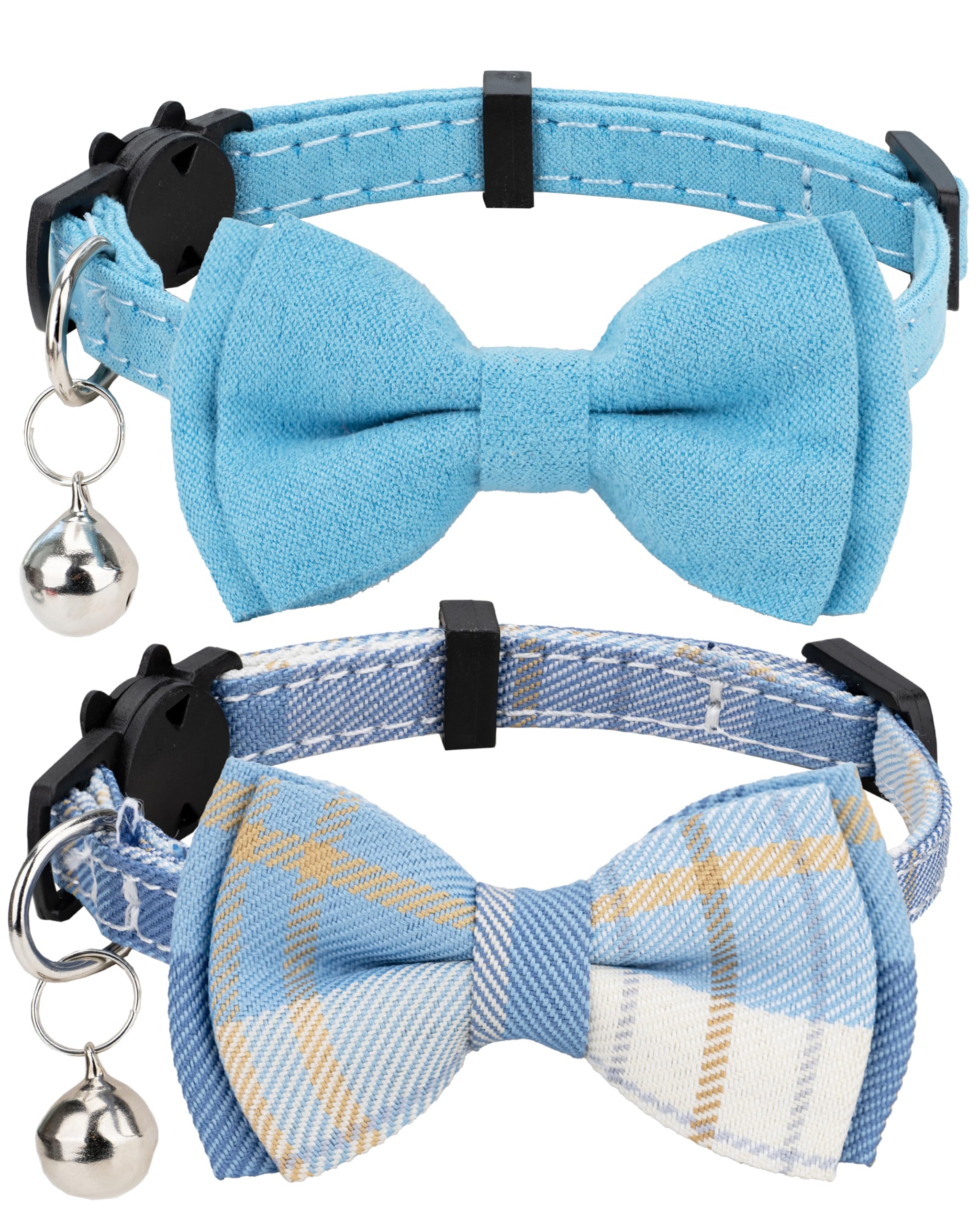 Gyapet Cat Collar Breakaway Bowtie Safety With Bell Adjustbale Kitten Puppy Solid Plaid Color Set J-[2Pcs] Blue