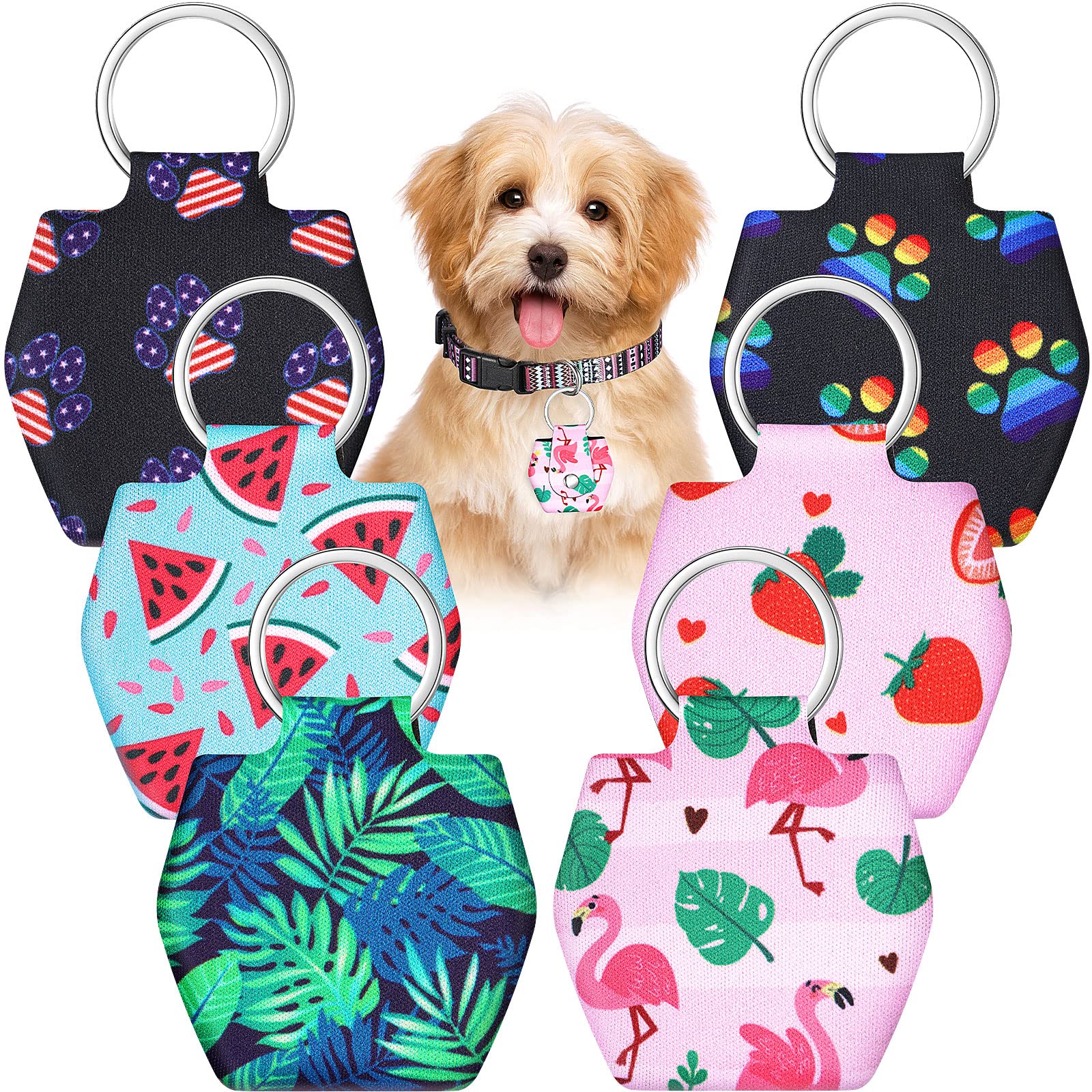 6 Pieces Dog Tag Holder Portable Pet Id Tag Soundless Dog Tag Silencer Bag Dog Tag Cover With Rings Quiet Dog Tag Bag Protector For Dogs Cats Pets (Summer Style)
