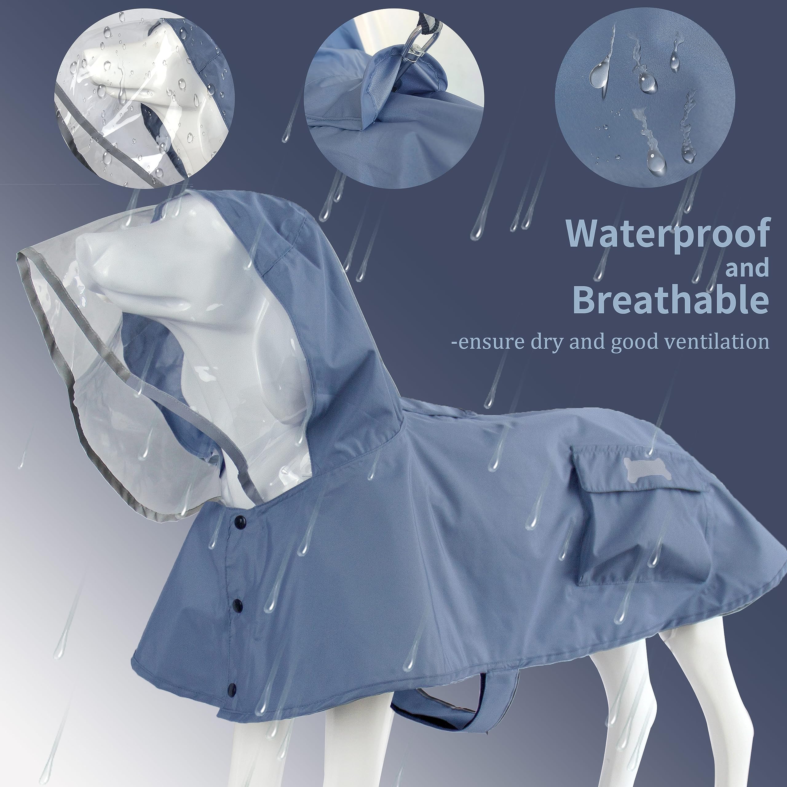 Waterproof Dog Raincoat, Adjustable Reflective Lightweight Pet Rain Clothes With Poncho Hood(Small, Blue&Grey)