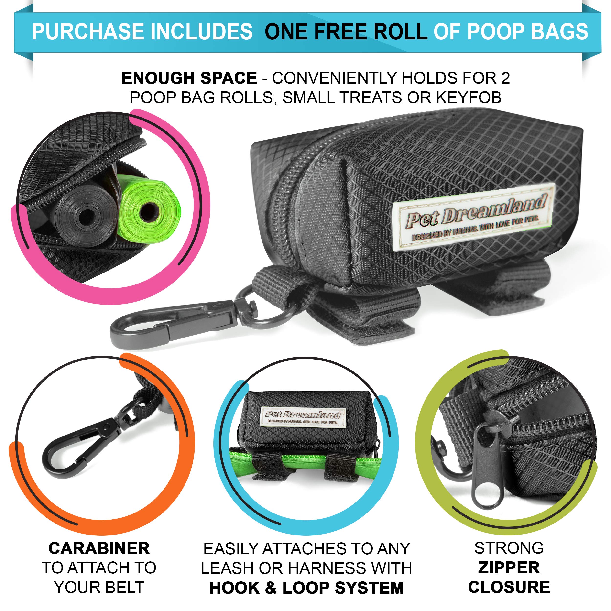 Pet Dreamland Dog Bag Dispenser - Pet Waste Bag Holder Leash Attachment - Includes One Free Roll Of Poop Bags - Zippered Pouch,