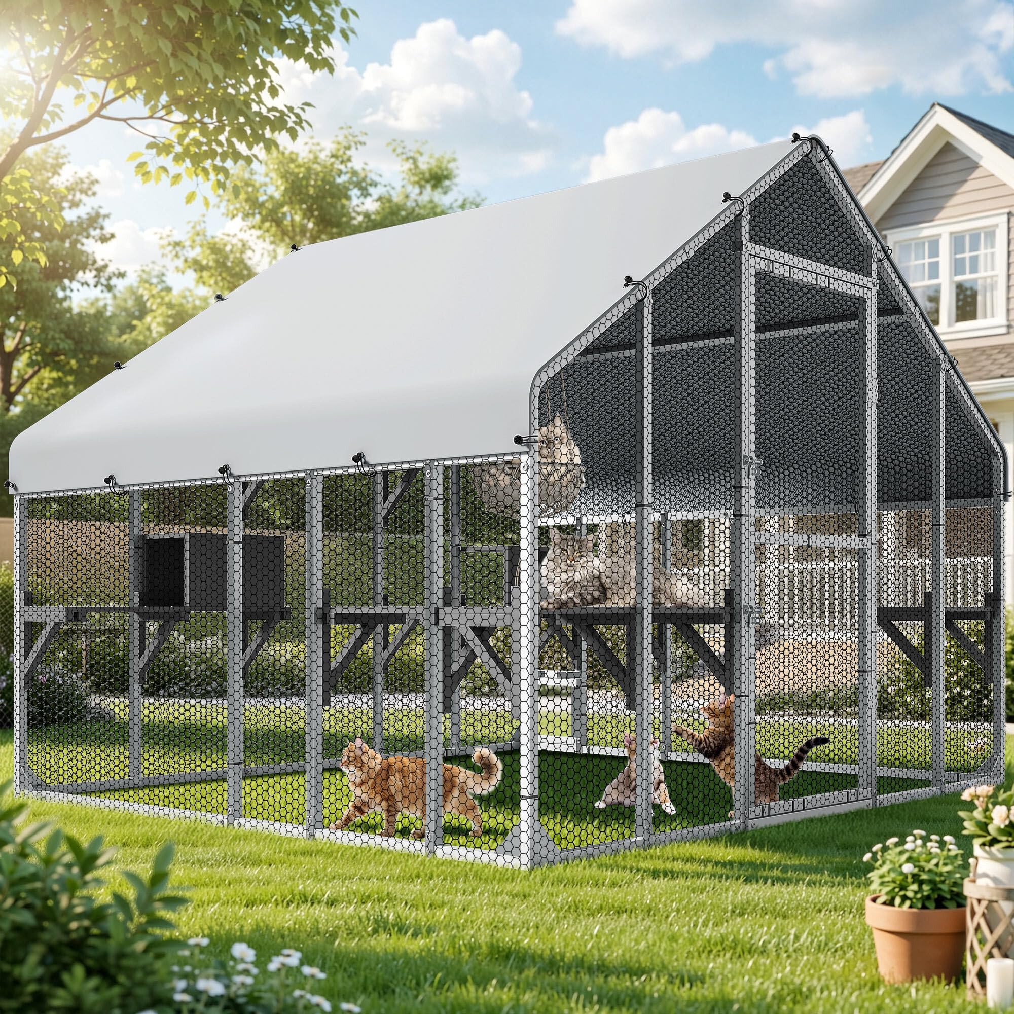 DWVO 94 Inch Catio Outdoor Cat Enclosure, Large Outdoor Cat House for Multiple Cats, Metal Cat Cage Outdoor with Weatherproof Ro