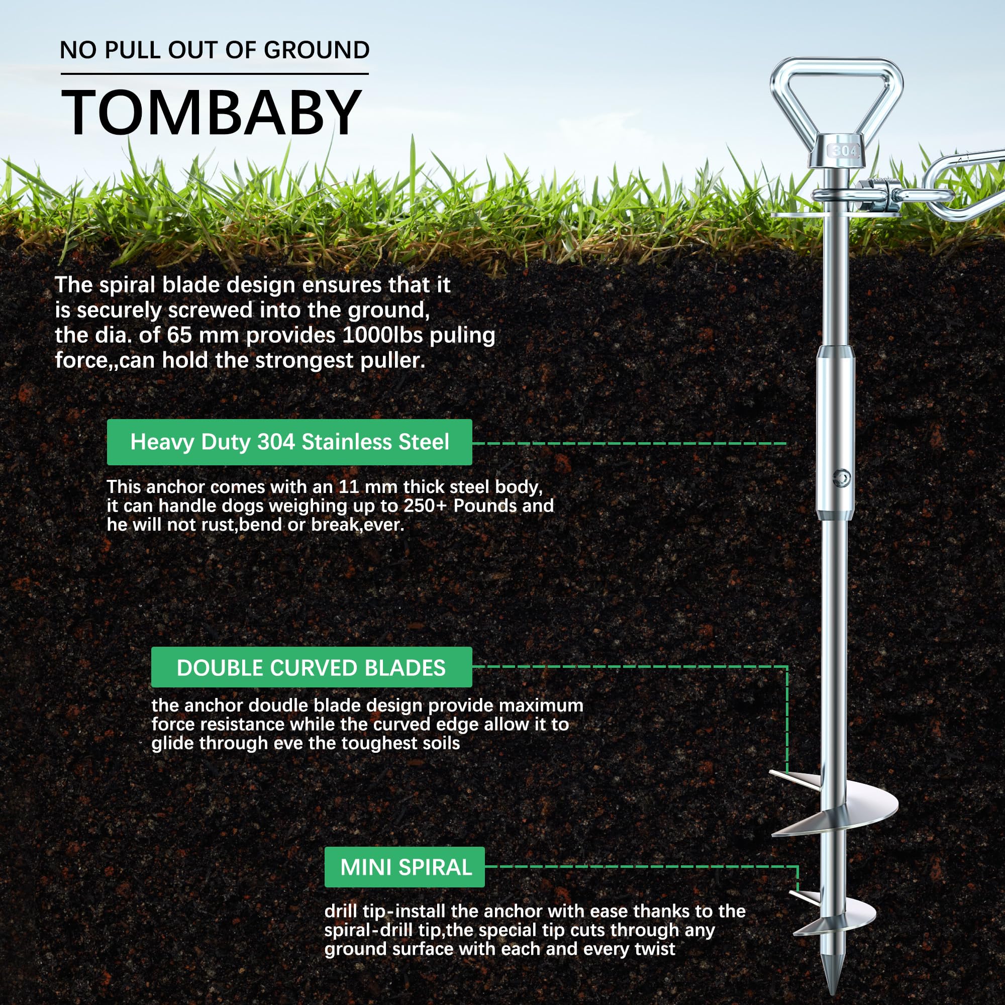 Heavy Duty 304 Stainless Steel Dog Tie Out Anchor - 360 Swivel Yard Stake For Dogs Over 250 Lbs - Suitable For Any Leash, Ideal