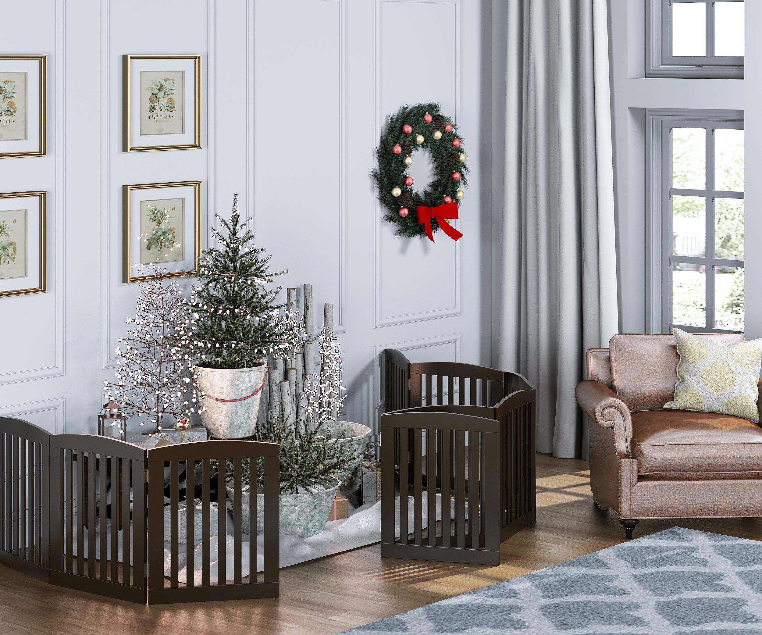 Pawland Wooden Freestanding Foldable Pet Gate For Dogs, 24 Inch 4 Panels Step Over Fence, Dog Gate For The House, Doorway, Stairs, Extra Wide (Espresso, 24' Height-4 Panels)