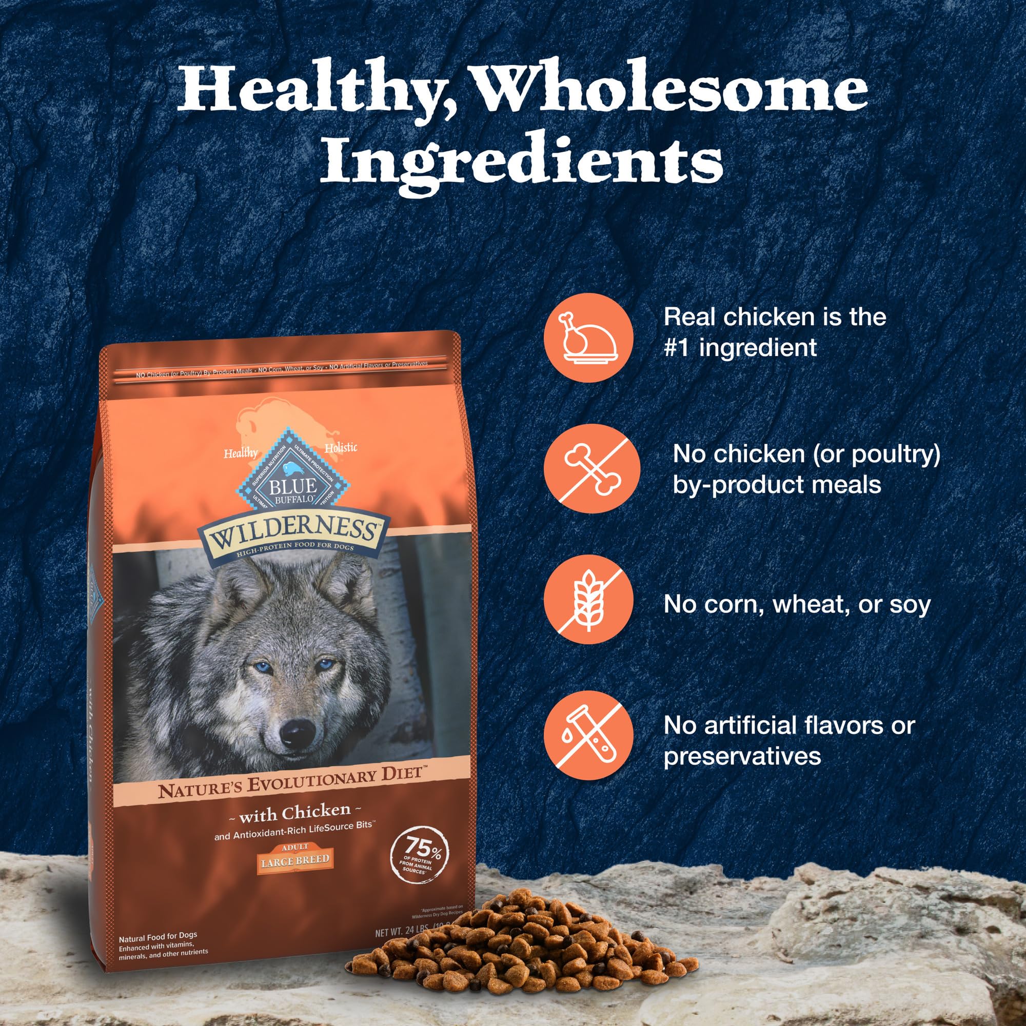 Blue Buffalo Wilderness Natural High-Protein Dry Food for Large Breed Adult Dogs, Chicken Recipe, 28-lb. Bag