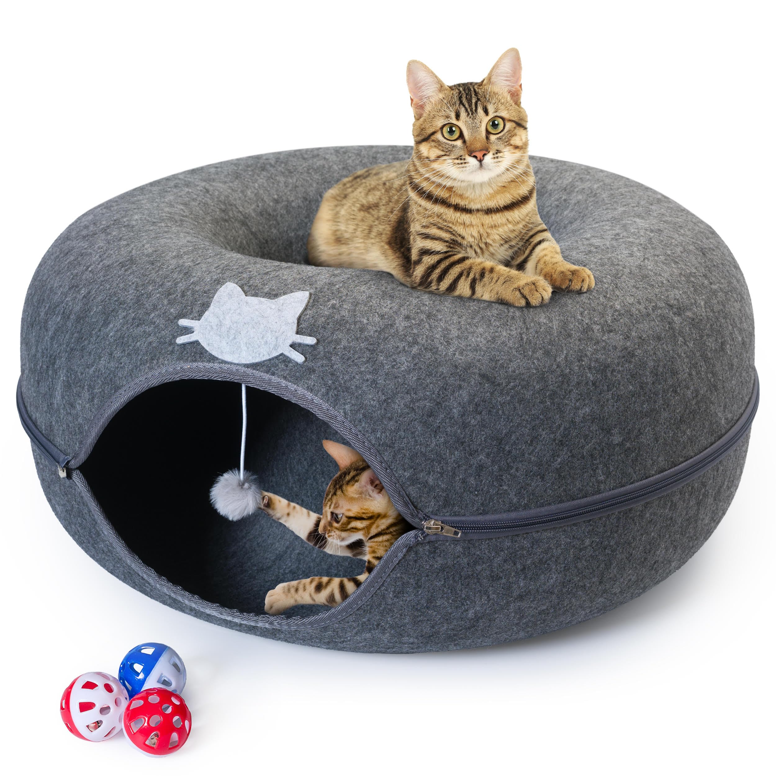Meow Mansion Large Cat Cave Donut Bed - Cat Tunnel Bed For Large Cats Up To 30Lbs - 3 Toy Balls & Hanging Ball Included - Scratc