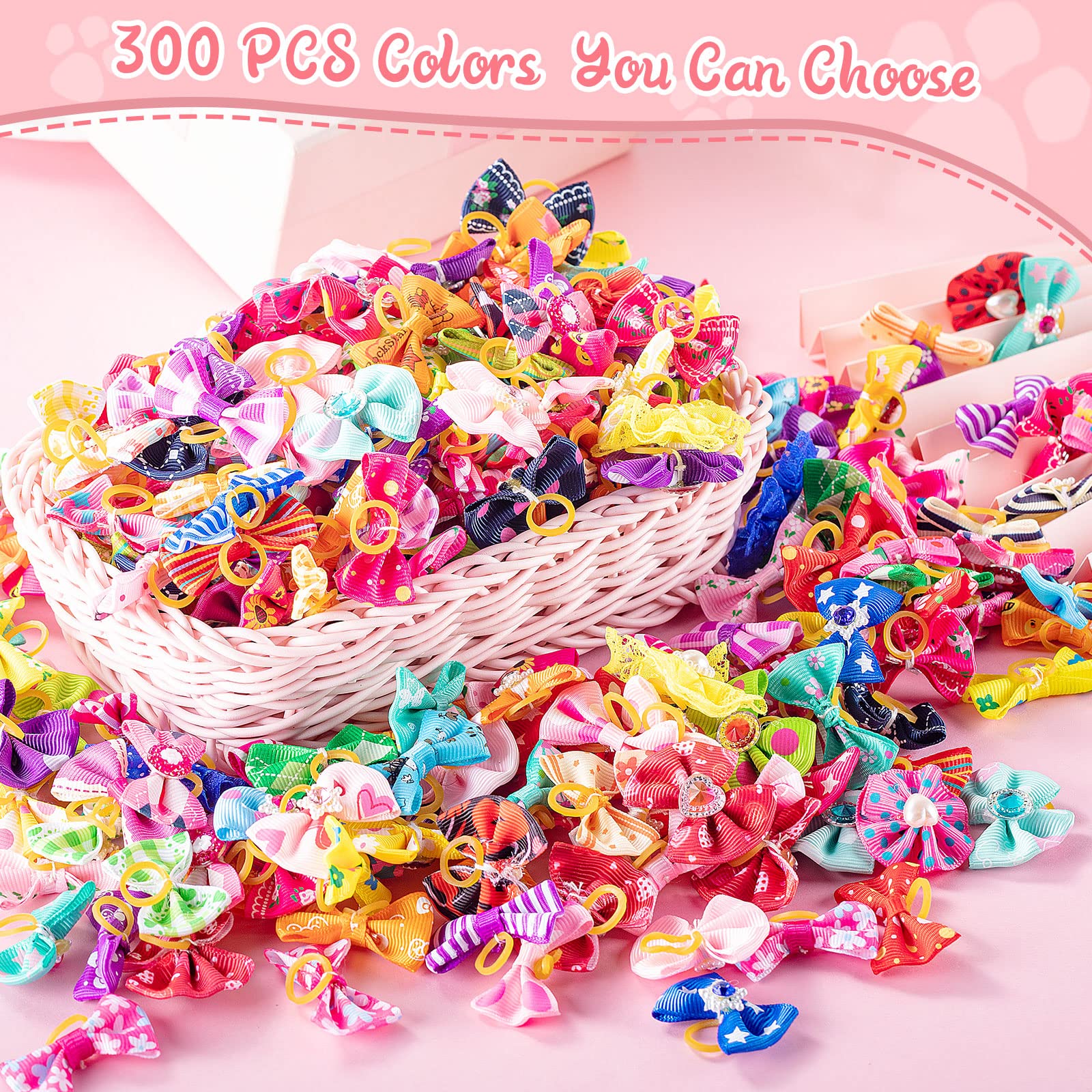 Reginary 300 Pack Dog Bows Grooming Cute Dog Hair Bows Girl With Rubber Bands Small Puppy Bowknots Colorful Hair Accessories For