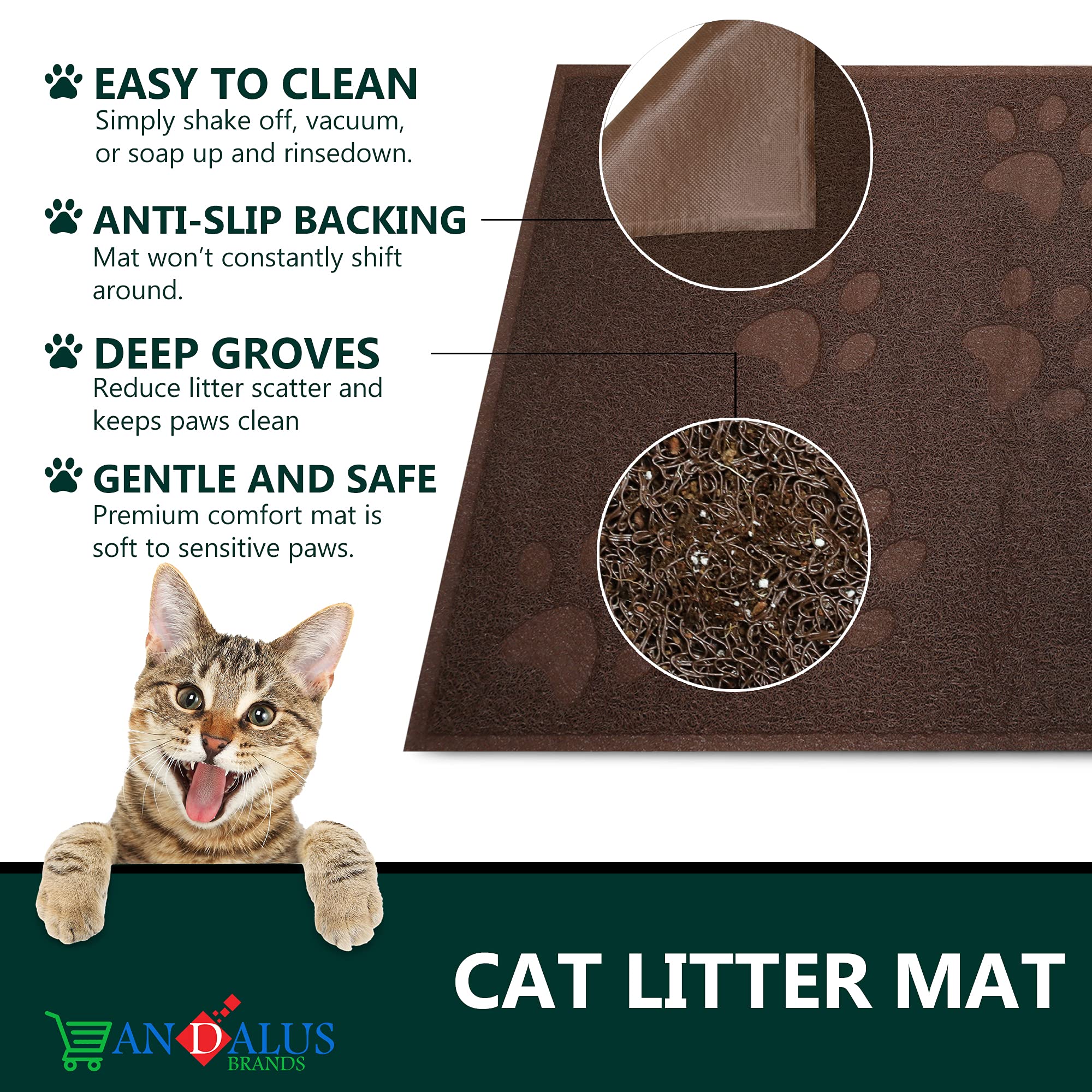 Andalus Premium Cat Litter Mat Pack Of 1-100% Waterproof With Non-Slip Backing Of Litter Box Mat - Soft On Kitty Paws & Easy To Clean Cat Mats For Litter - Brown, Extra-Large (35' X 23')