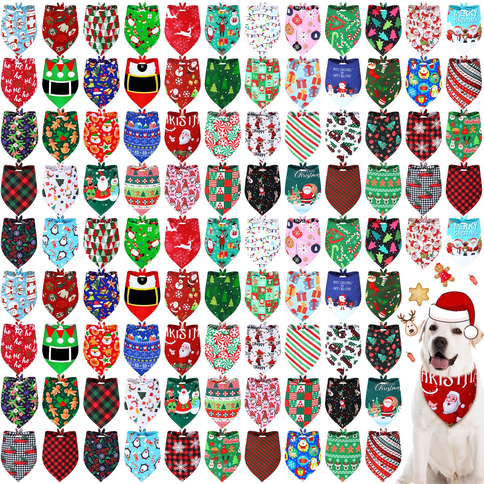 Newwiee 100 Pcs Christmas Dog Bandanas Bulk For Dogs Triangle Bibs Scarf Holiday Xmas Soft Breathable Dog Christmas Scarf Access