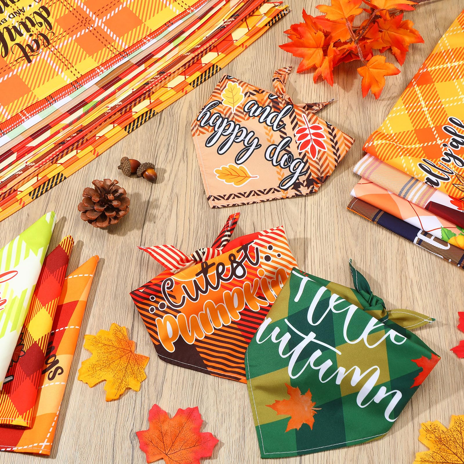 Silkfly 60 Pcs Fall Dog Bandanas Bulk Plaid Bandanas for Dogs Autumn Scarf Bibs Thanksgiving Adjustable Triangle Scarves Kerchie
