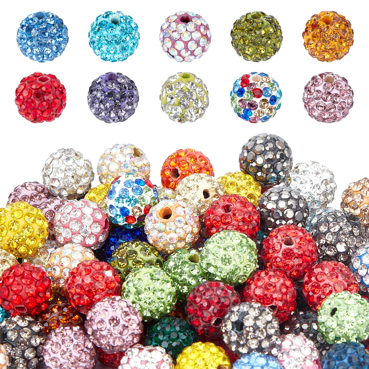Ph Pandahall 10Mm Crystal Beads Rhinestones Beads 100Pcs Pave Disco Ball Beads Mixed Color Polymer Clay Diamond Round Beads For 