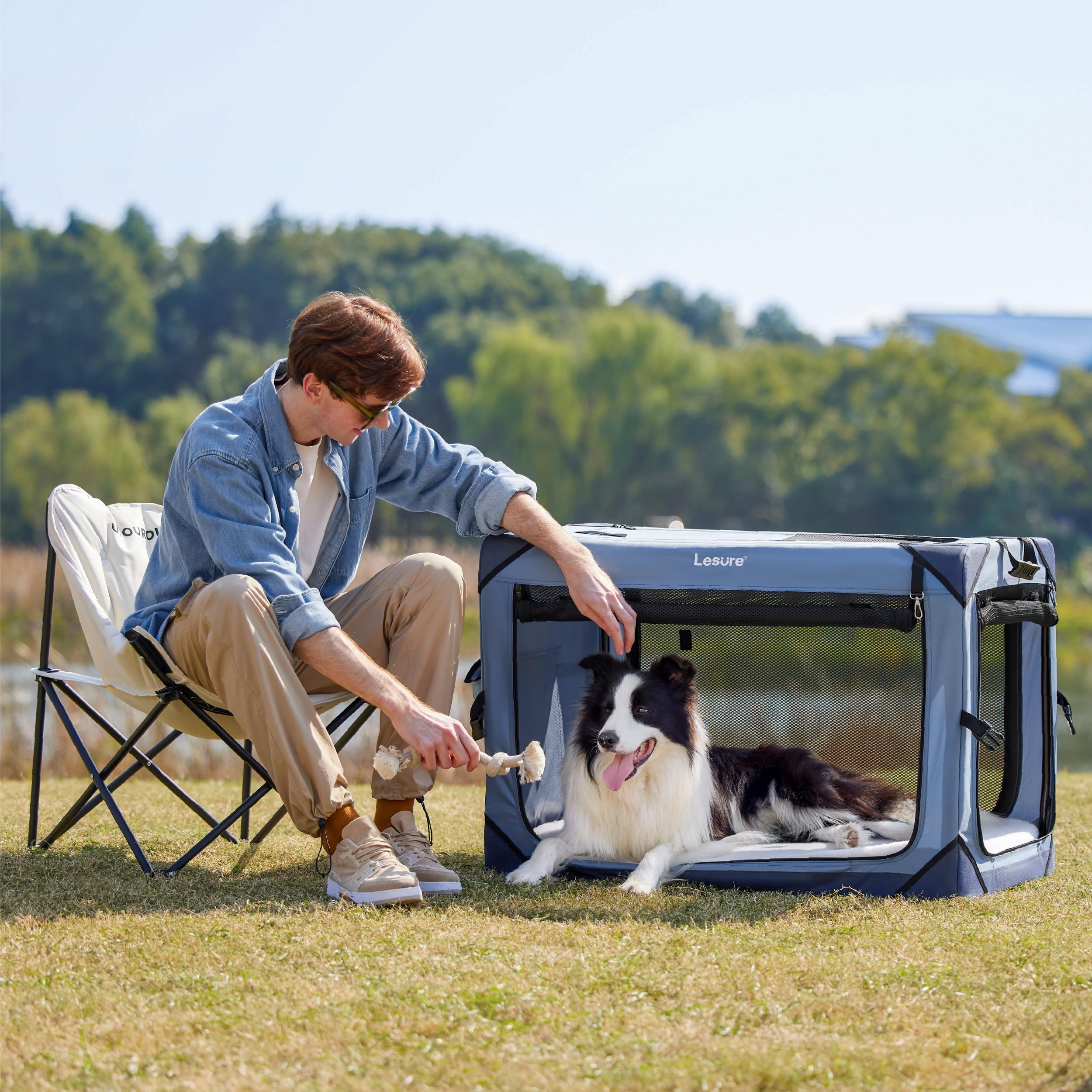 Lesure Collapsible Dog Crate - Portable Travel Kennel For Large Dog, 4-Door Pet Crate With Durable Mesh Windows, Indoor & Outdoo