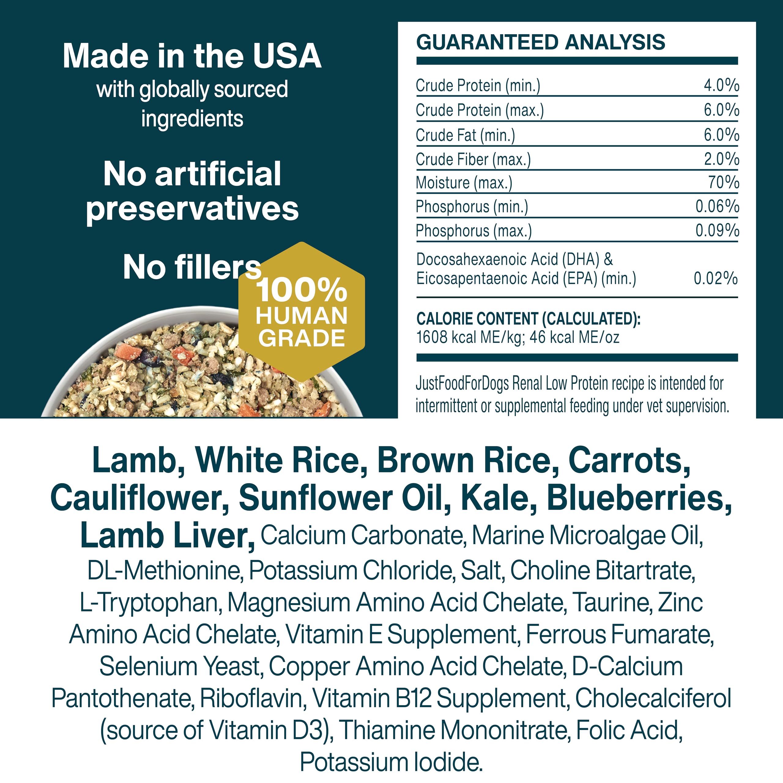 JustFoodForDogs Renal Support Low Protein Dog Food for Kidney Health, Fresh Frozen Human Grade Dog Food, Rx, 72 oz (Pack of 7)