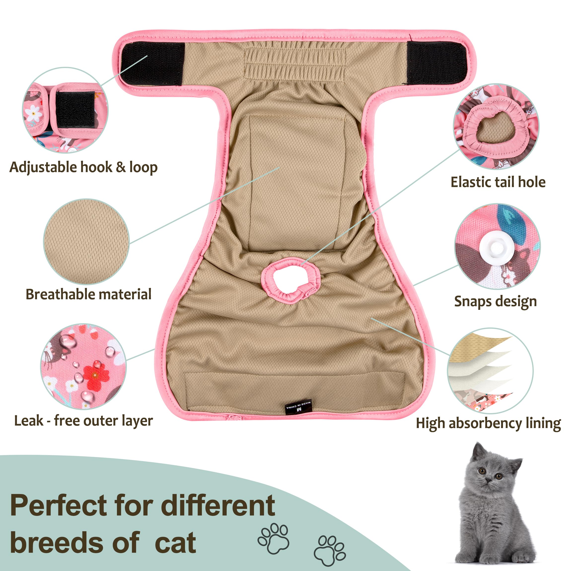 Reusable Cat Diapers 3 Pack With Good Absorbency Kitten Diapers Small For Female & Male Cats - Easy To Put On, Secure Fit
