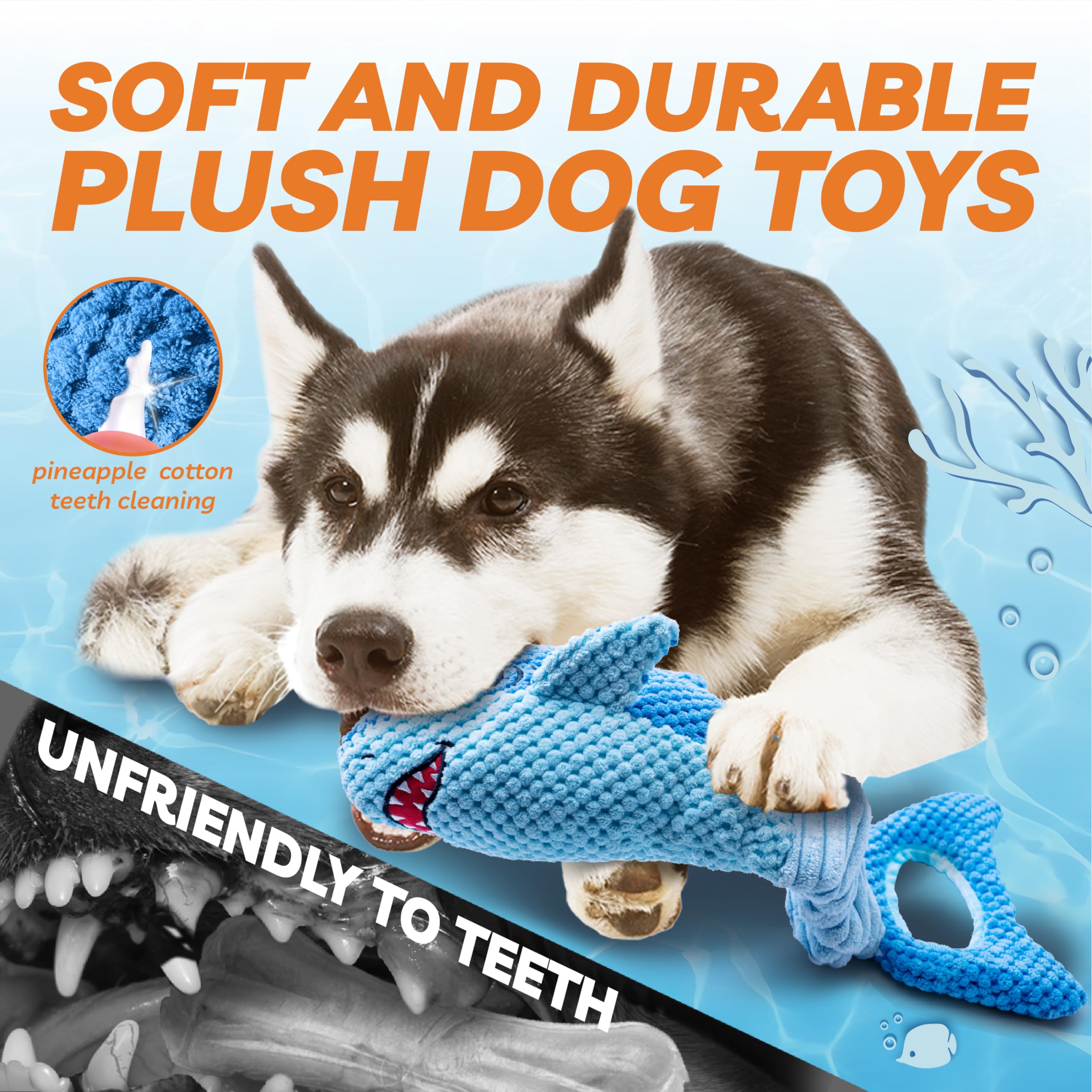 LEGEND SANDY Interactive Squeaky Dog Toy for Aggressive Chewers, Large Crinkle Tug Toy, Blue Shark, Polyester Material