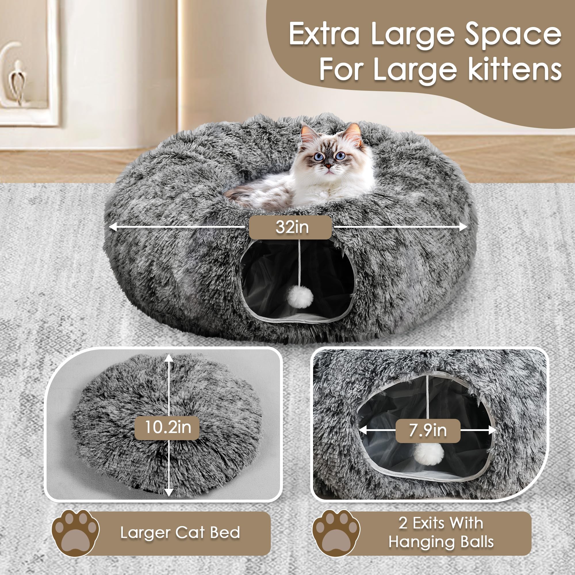 Cat Tunnel Bed for Indoor Cats, Peekaboo Cat Cave with Washable Soft Play Mat, Furry Cat Tube, for Kitten/Puppy/Rabbit, Black