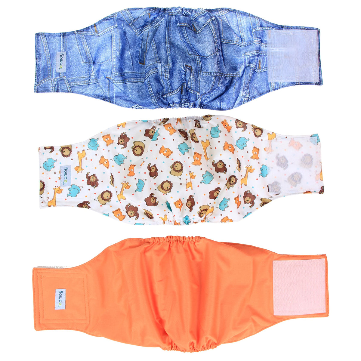 Teamoy Reusable Wrap Diapers for Male Dogs, Washable Puppy Belly Band Pack of 3 (L2, 20''-24'' Waist, Orange+ Denim+ Fat Smile)