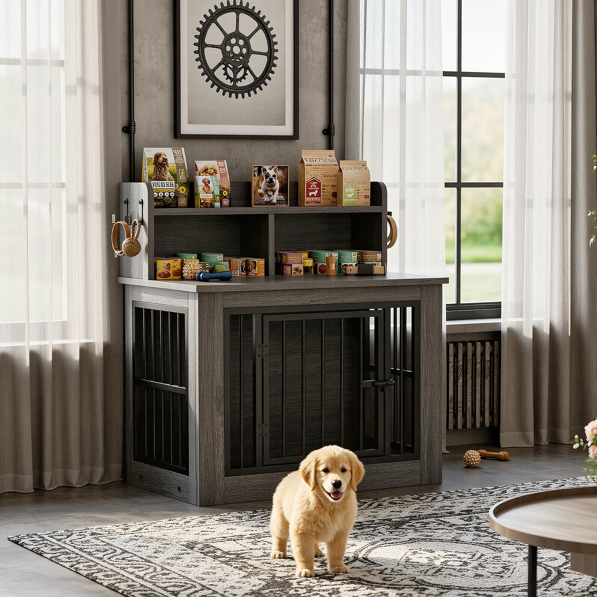 IRONCK Dog Crate Furniture, 33.4 inches Wooden Small Dog Crate with Storage and 4 Hooks, Heavy Duty Pet Crate for Small Dog, Dec