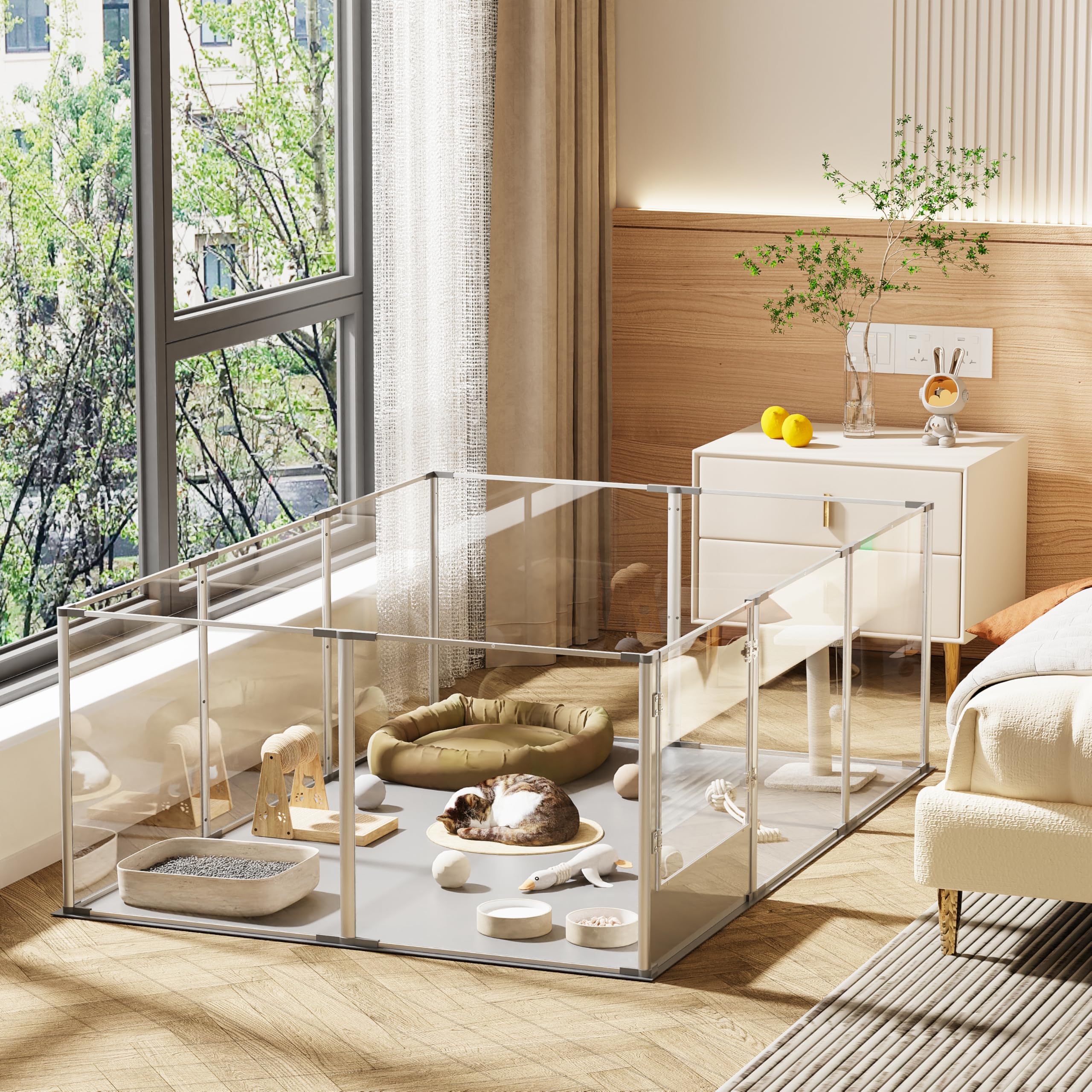 Dog Clear Playpen Fence Kennel: 10Panels Indoor Transparent Whelping Box Pen Cage With Waterproof Whelping Pad - Extra Long Acry