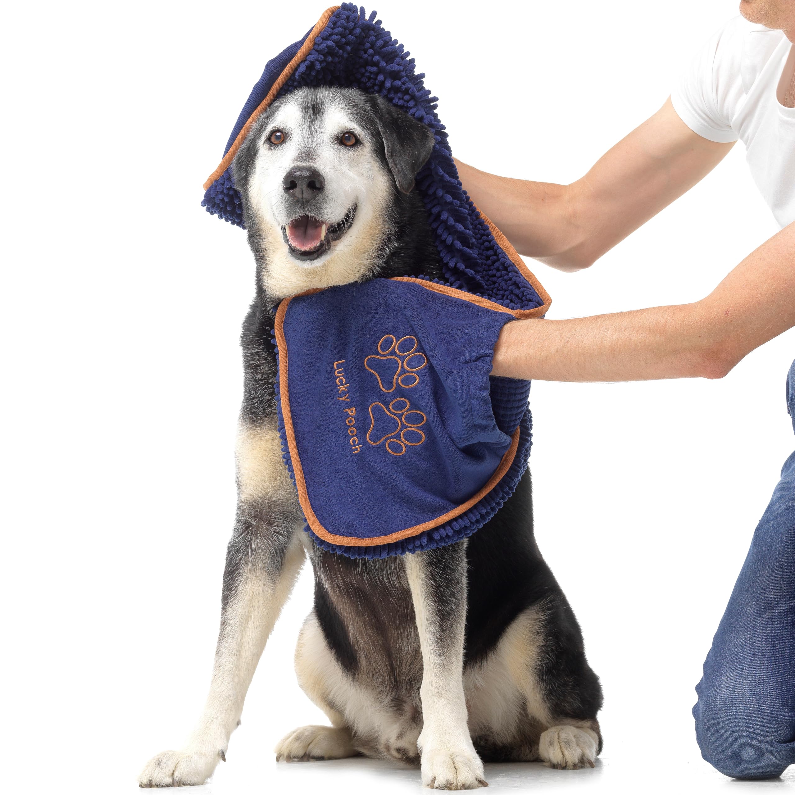 Lucky Pooch Super Absorbent Shammy Dog Towel - Luxuriously Soft Hand Pockets - 34.5x12.5in - Quick Drying Microfiber Dog Bath To