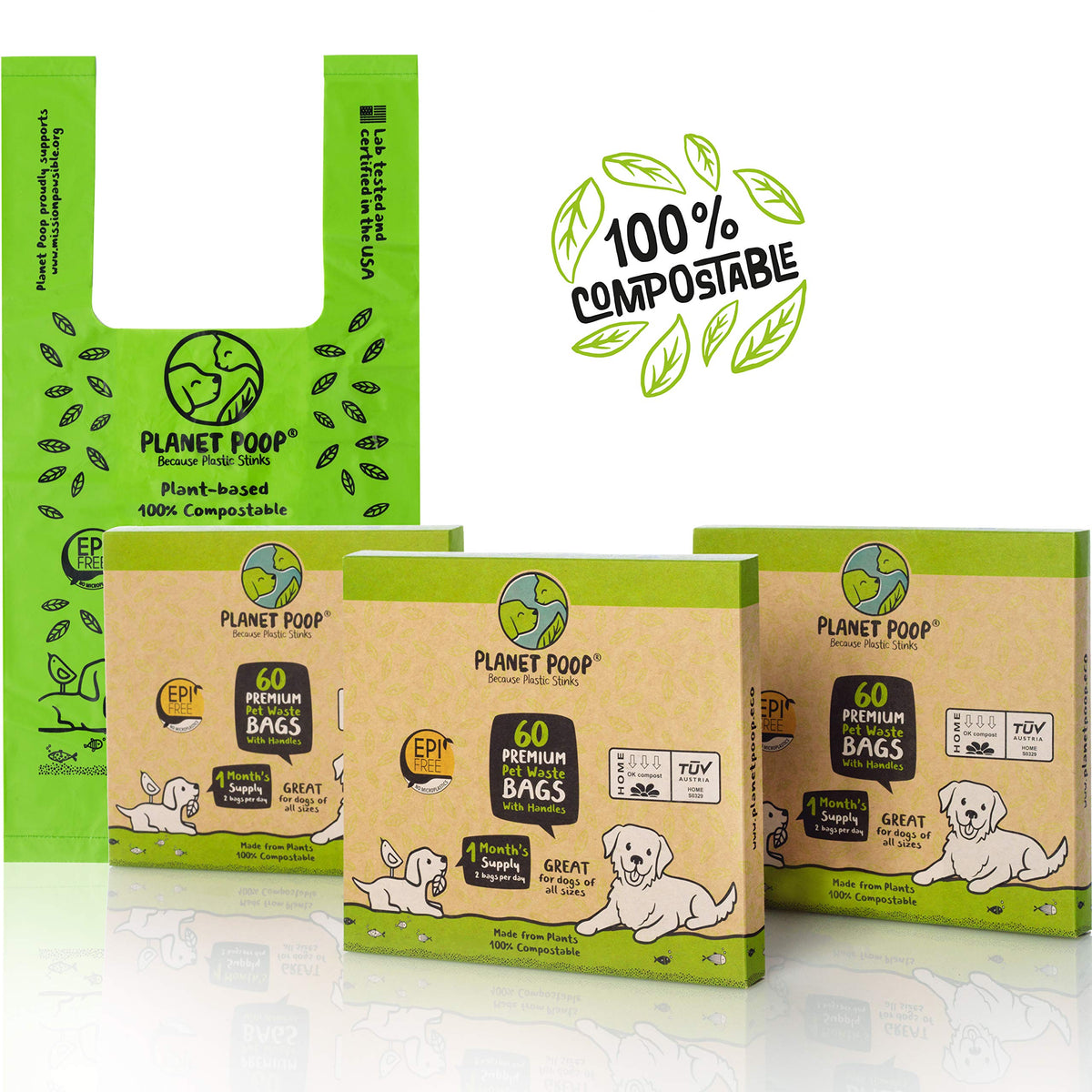 Planet Poop Home Compostable Dog Poop Bags With Handles, Standard Size 180 Count, Un-Scented Dog Waste Bag, Thick Leakproof Dogg