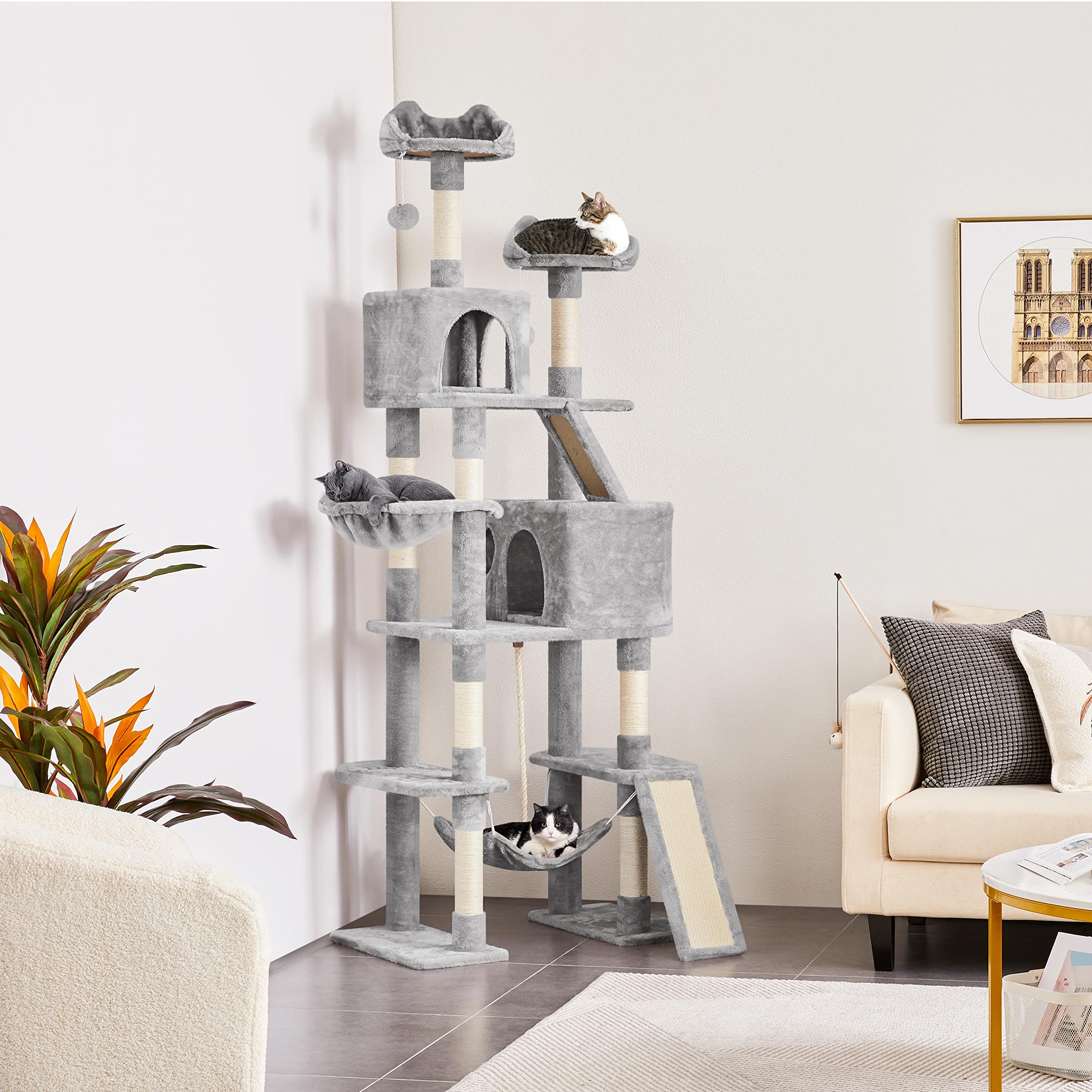 Yaheetech Cat Tree, 82.5In Large Tower W/Hammock, 2 Kitty-Ear Perches, 2 Cozy Condos, Scratching Posts, Basket, Furniture For La