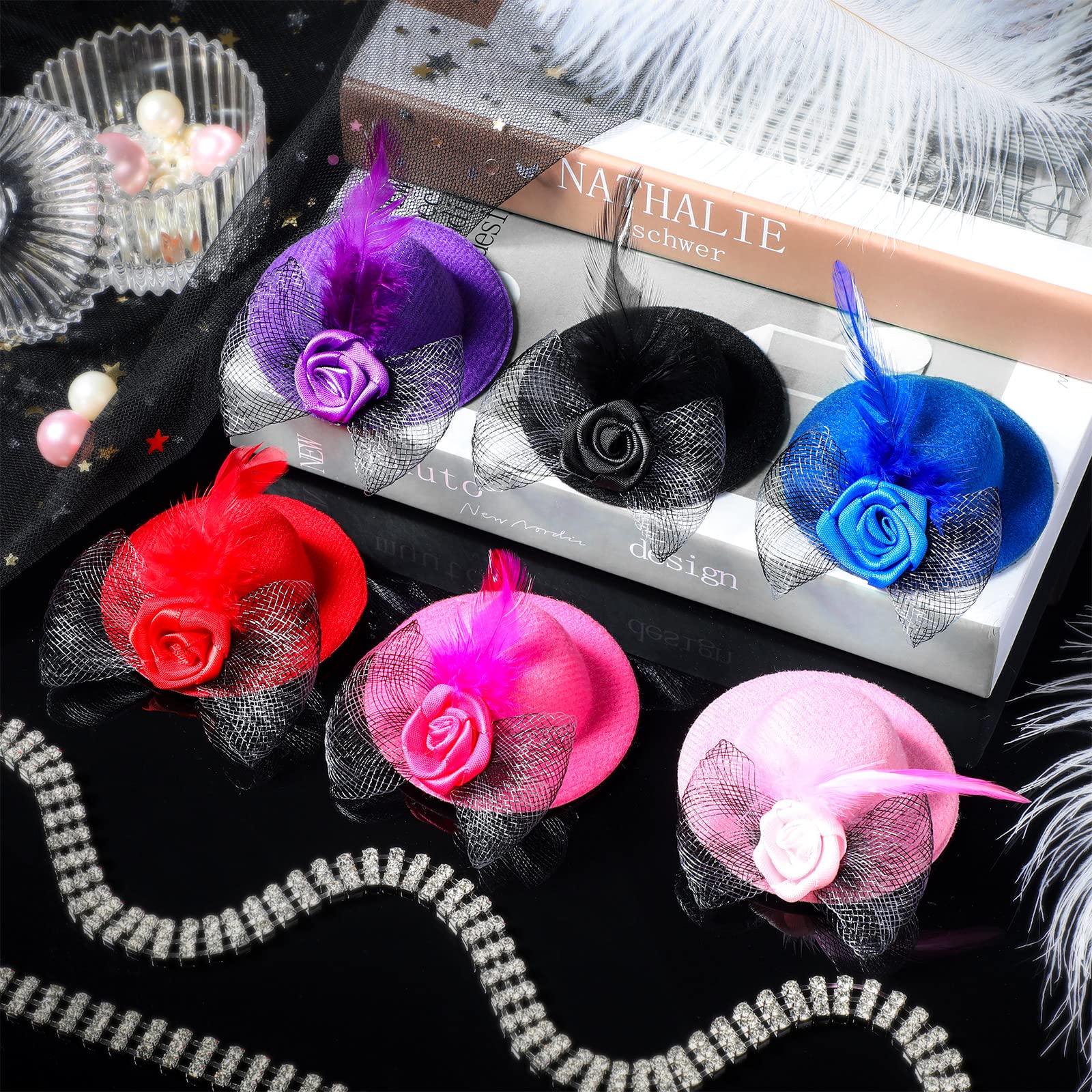 6 Pieces Chicken Hats For Hens Tiny Pets Funny Halloween Accessories Feather Top Hat With Adjustable Elastic Chin Strap Rooster Duck Parrot Poultry Stylish Show Costume (Simple Style)