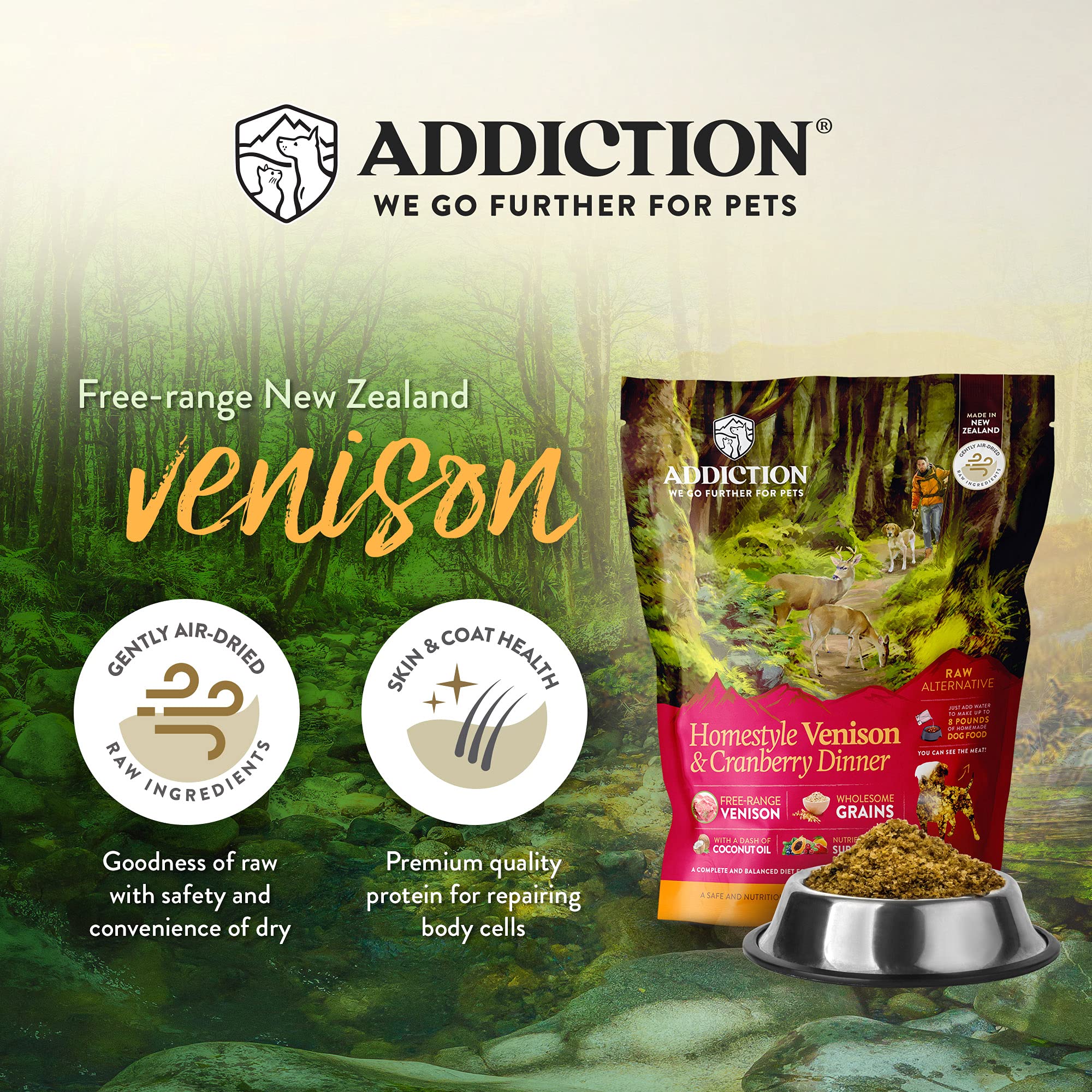 Addiction Homestyle Venison & Cranberry Dinner Raw Alternative Dog Food - Gently Air-Dried Complete Meal or Dog Food Topper for
