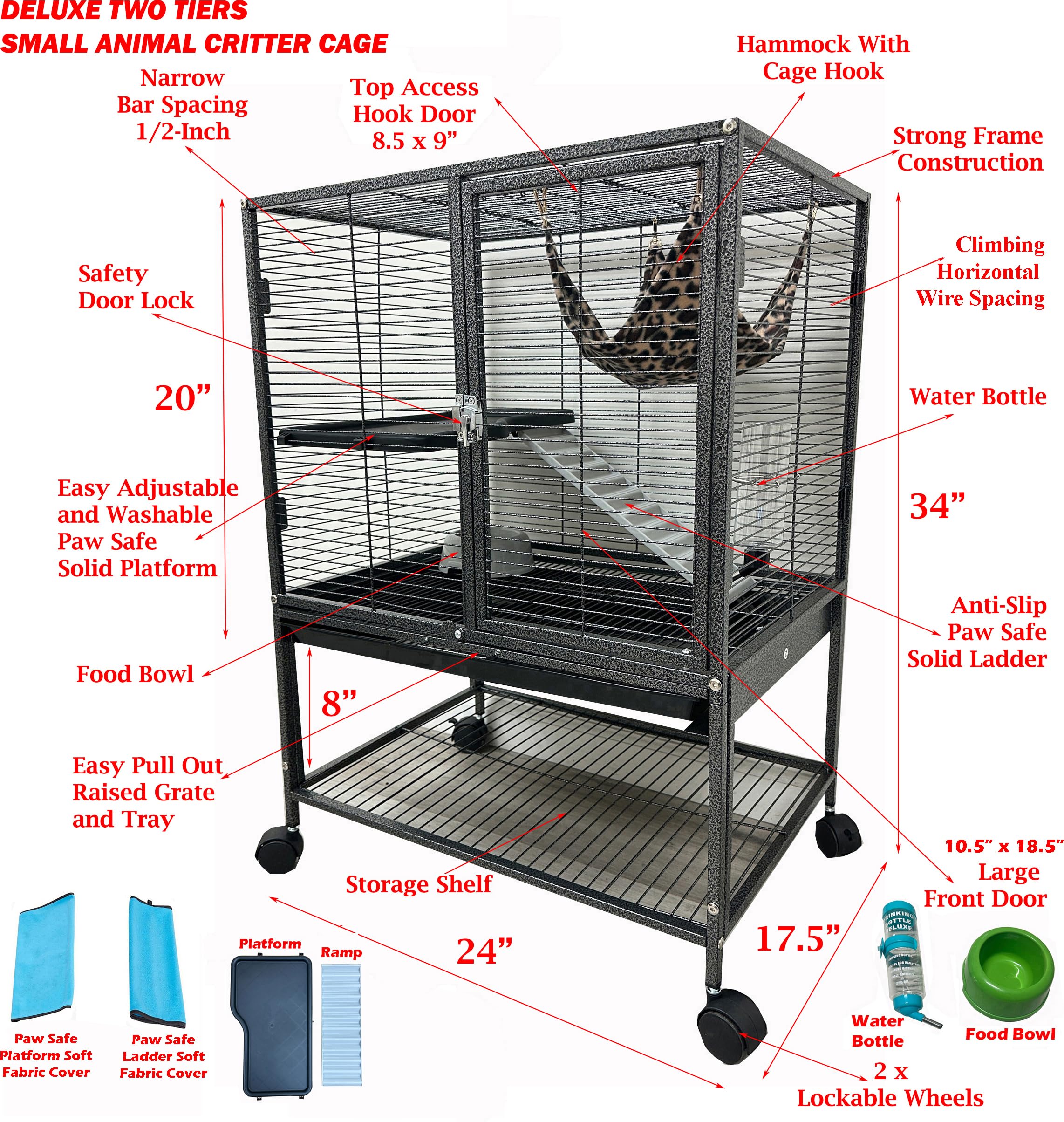 Deluxe 2-Levels Tight 1/2-Inch Wire Spacing Durable Large Front Doors For Feisty Ferret Hammock Chinchilla Cat Sugar Glider Home