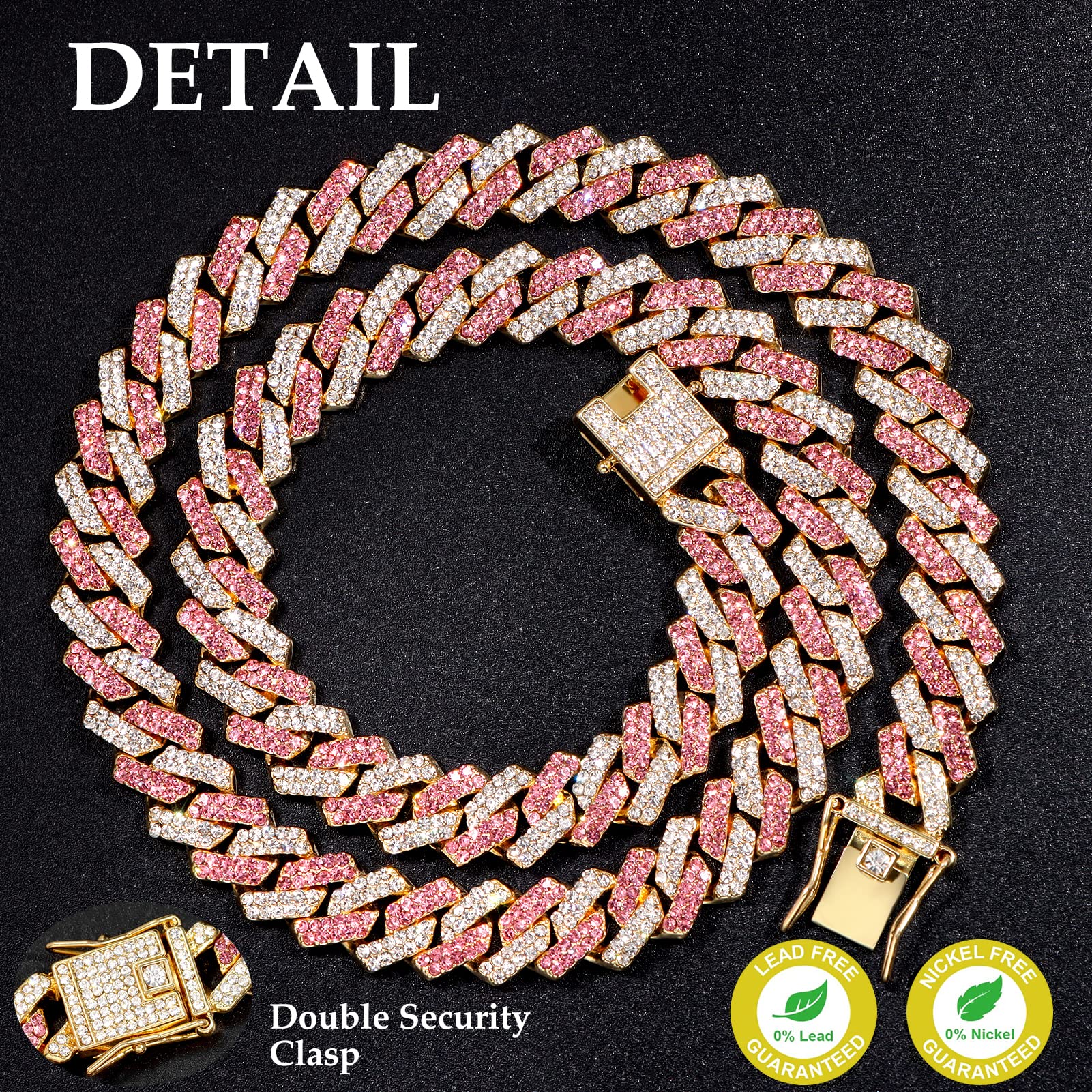 Fasdecon Gold Dog Chain Collar With Diamond Cuban Design, Secure Buckle For Medium Large Dogs (24Inch, Pink-Silver)
