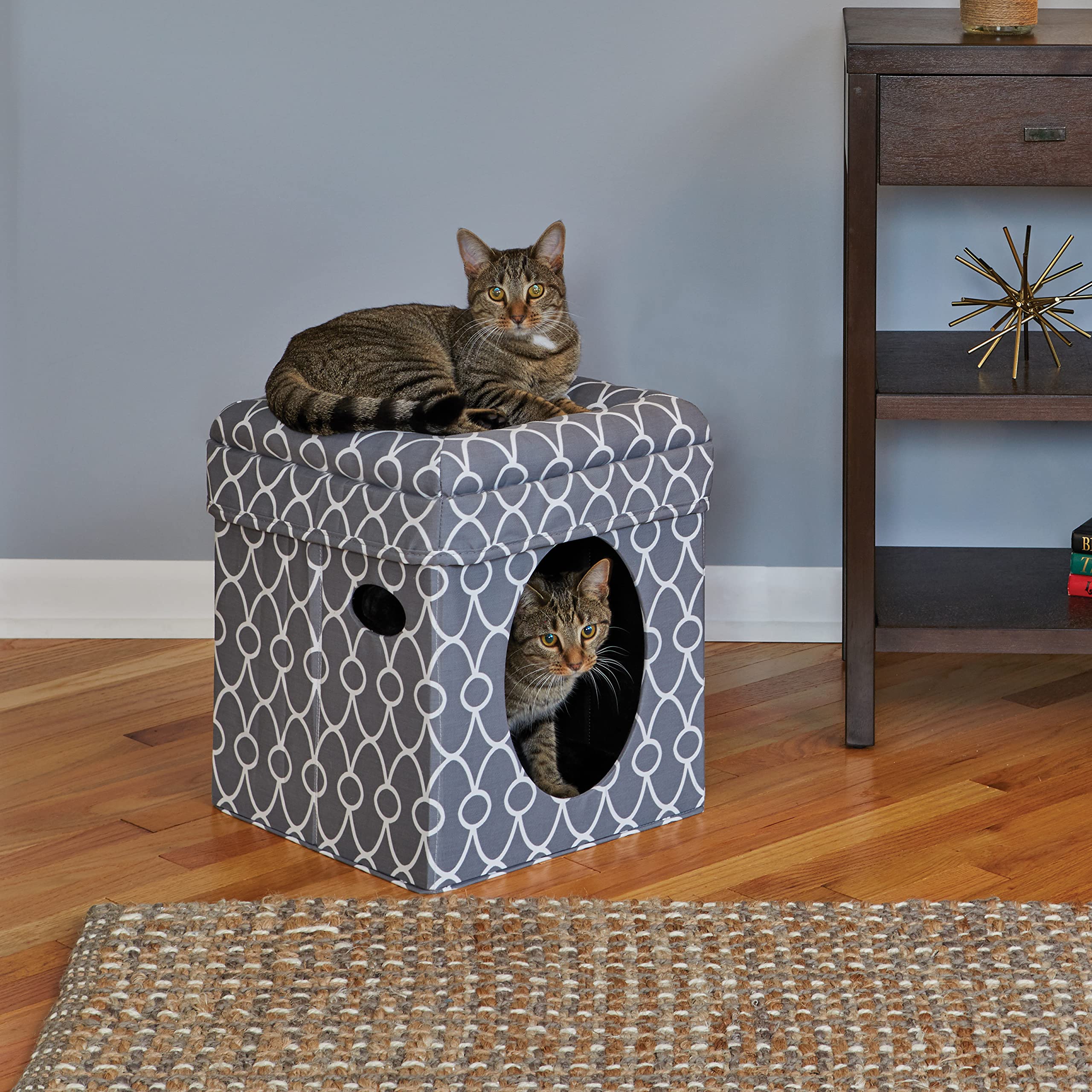 Midwest Homes For Pets Cat Cube Cozy Cat House / Cat Condo In Fashionable Gray Geo Print 15.5L X 15.5W X 16.5H Inches
